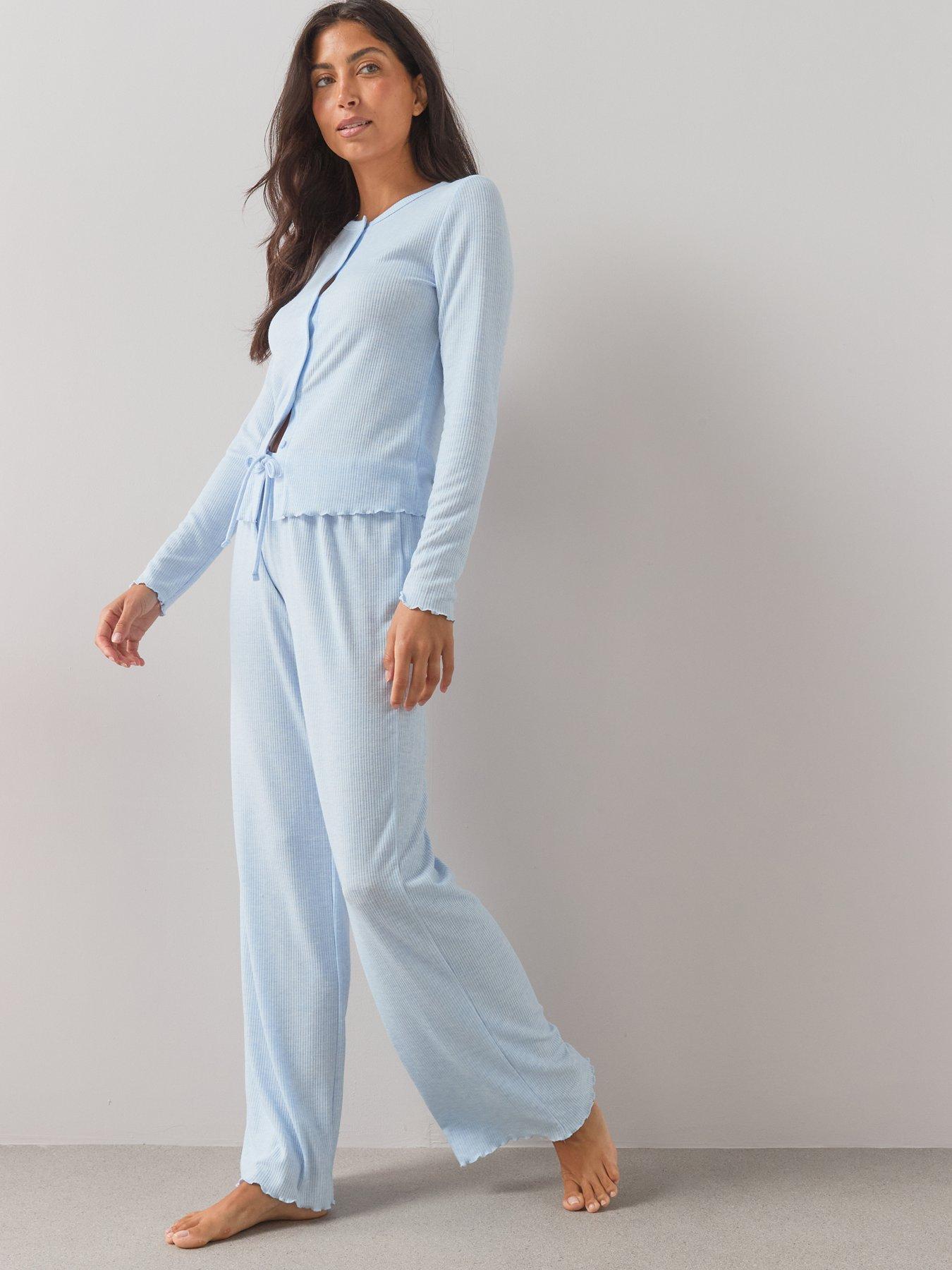 Image 4 of 7 of The Very Collection Soft Touch Button Up Top And Wide Leg Pyjama Set - Blue