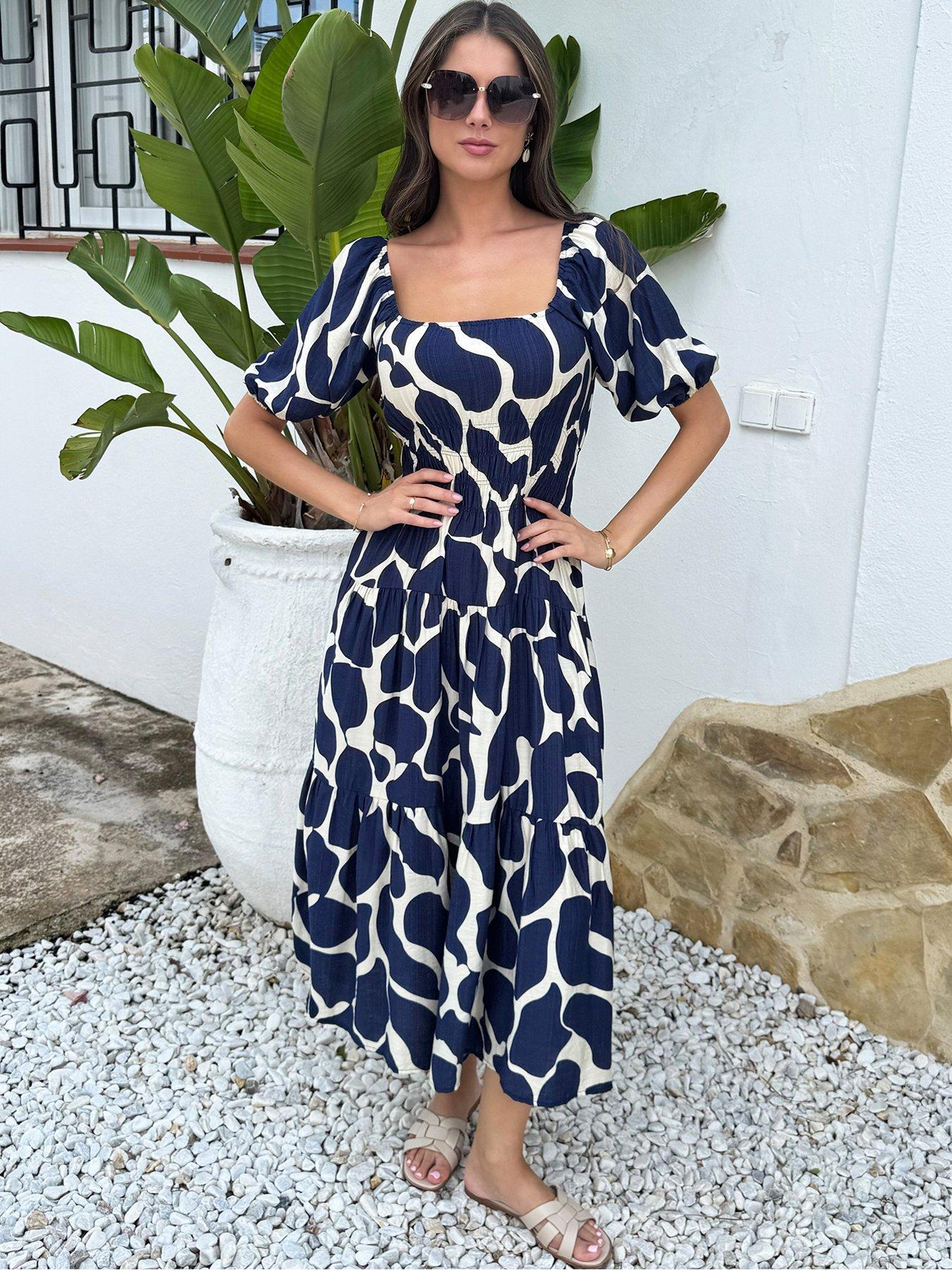 AX Paris Abstract Print Puff Sleeve Smock Midi Dress - Navy