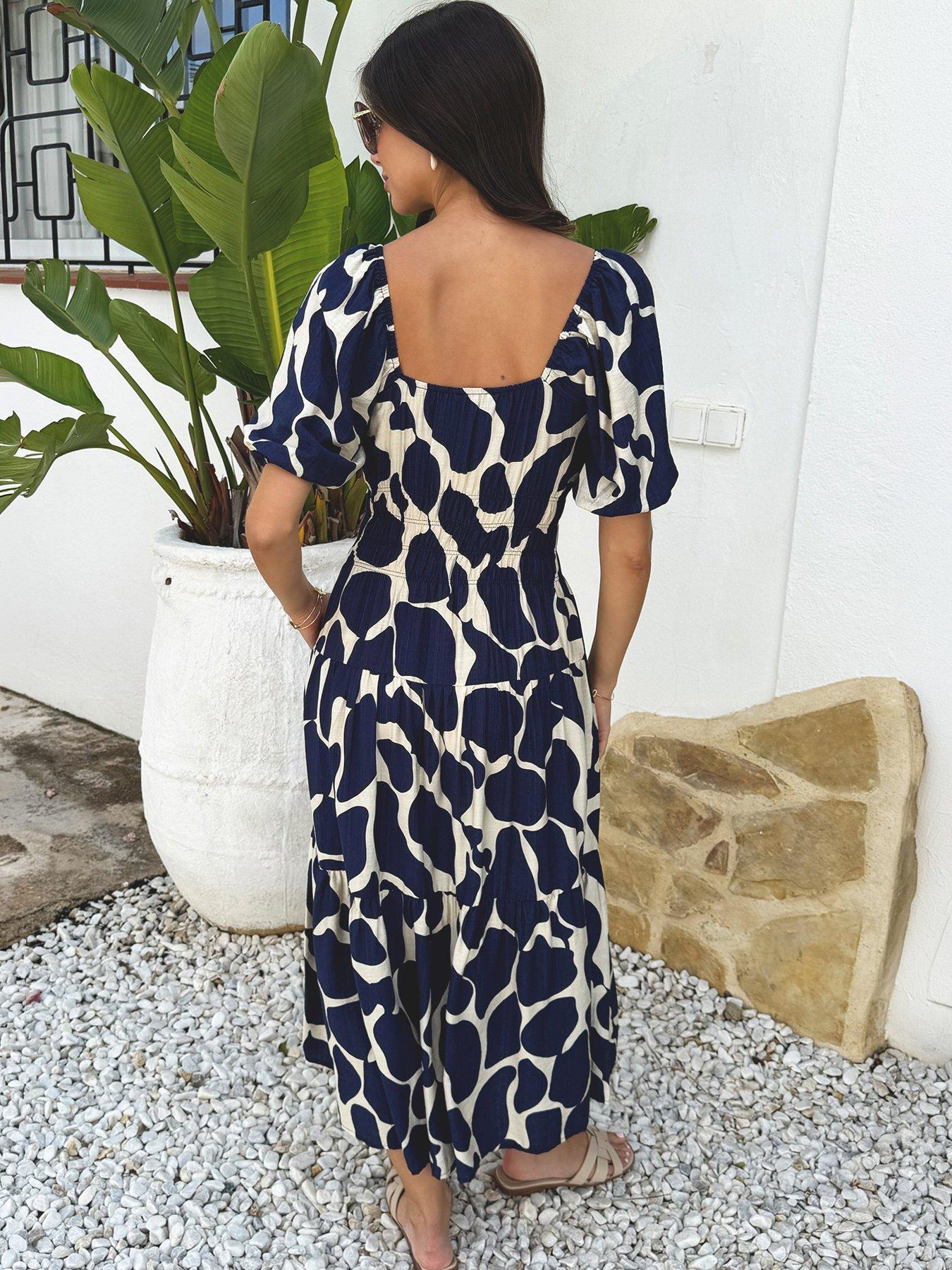 Image 2 of 4 of AX Paris Abstract Print Puff Sleeve Smock Midi Dress - Navy