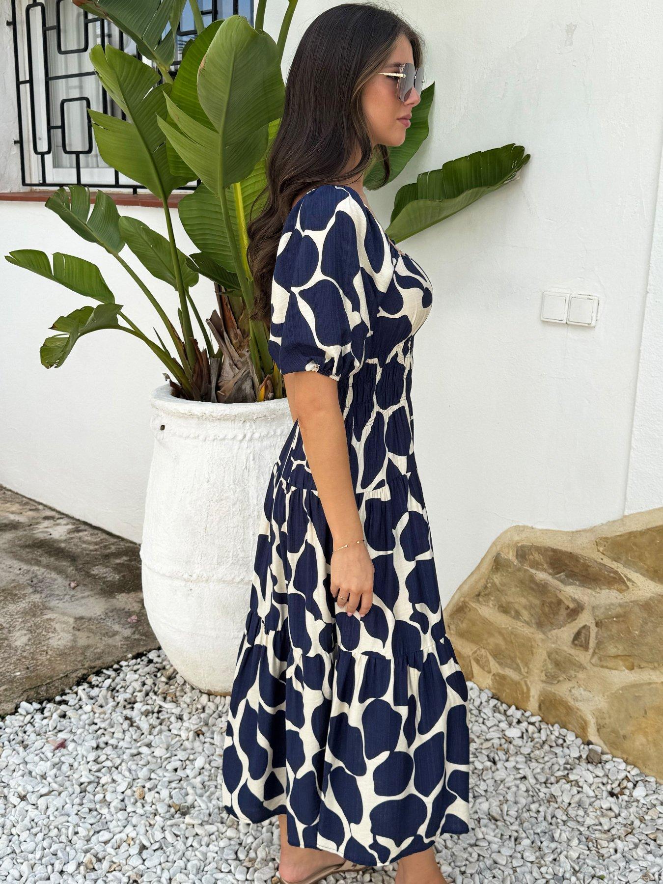 Image 4 of 4 of AX Paris Abstract Print Puff Sleeve Smock Midi Dress - Navy