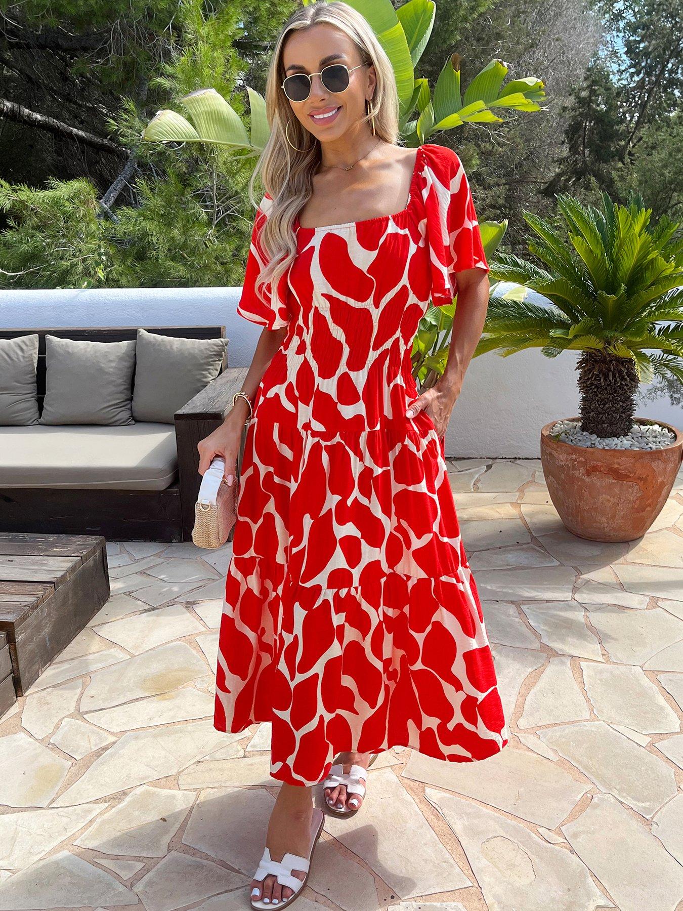 AX Paris Abstract Print Shirred Waist Smock Midi Dress - Red