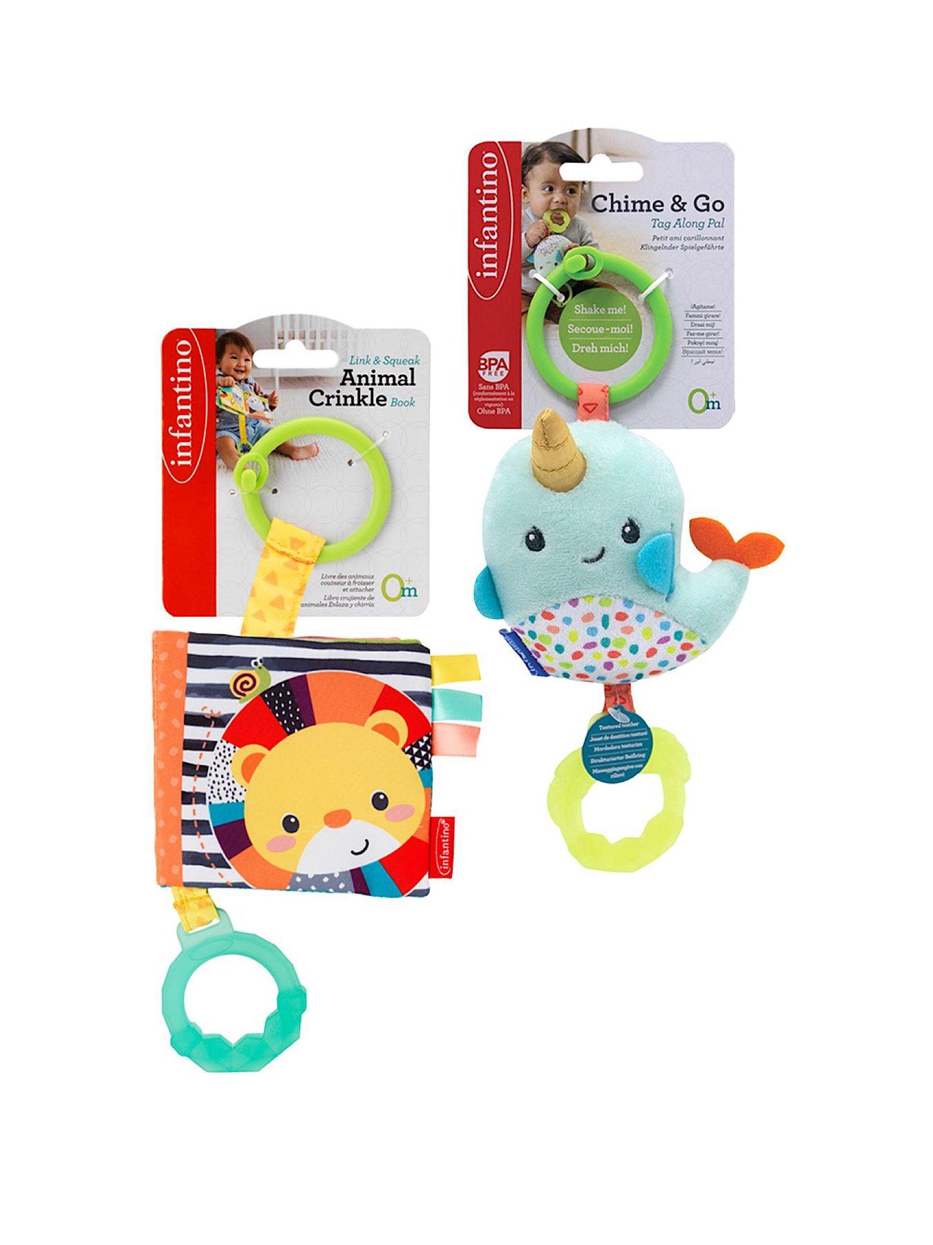 Infantino Link  &  Squeak Animal Crinkle Book with Teether  &  Chime and Go Tag Along Pal Bundle Set