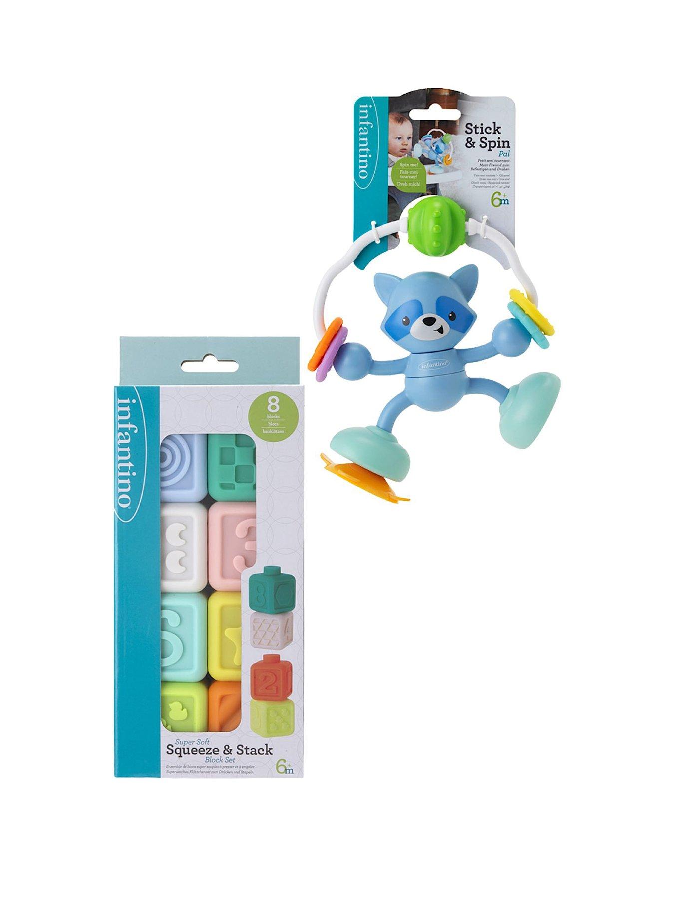Image 1 of 3 of Infantino Stick &amp; Spin Highchair Pal Raccoon &amp; Super Soft Squeeze and Stack Block Bundle Set