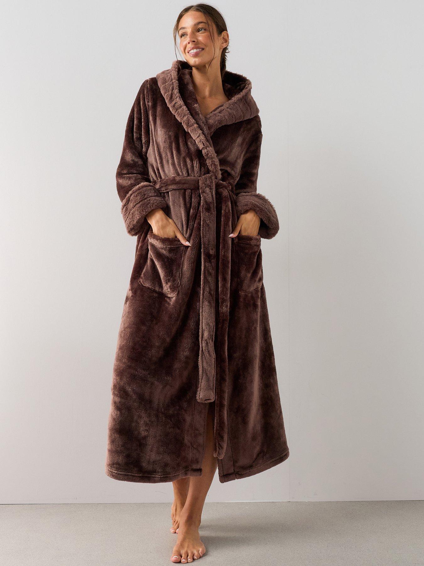 The Very Collection Plush Hooded Dressing Gown - Brown
