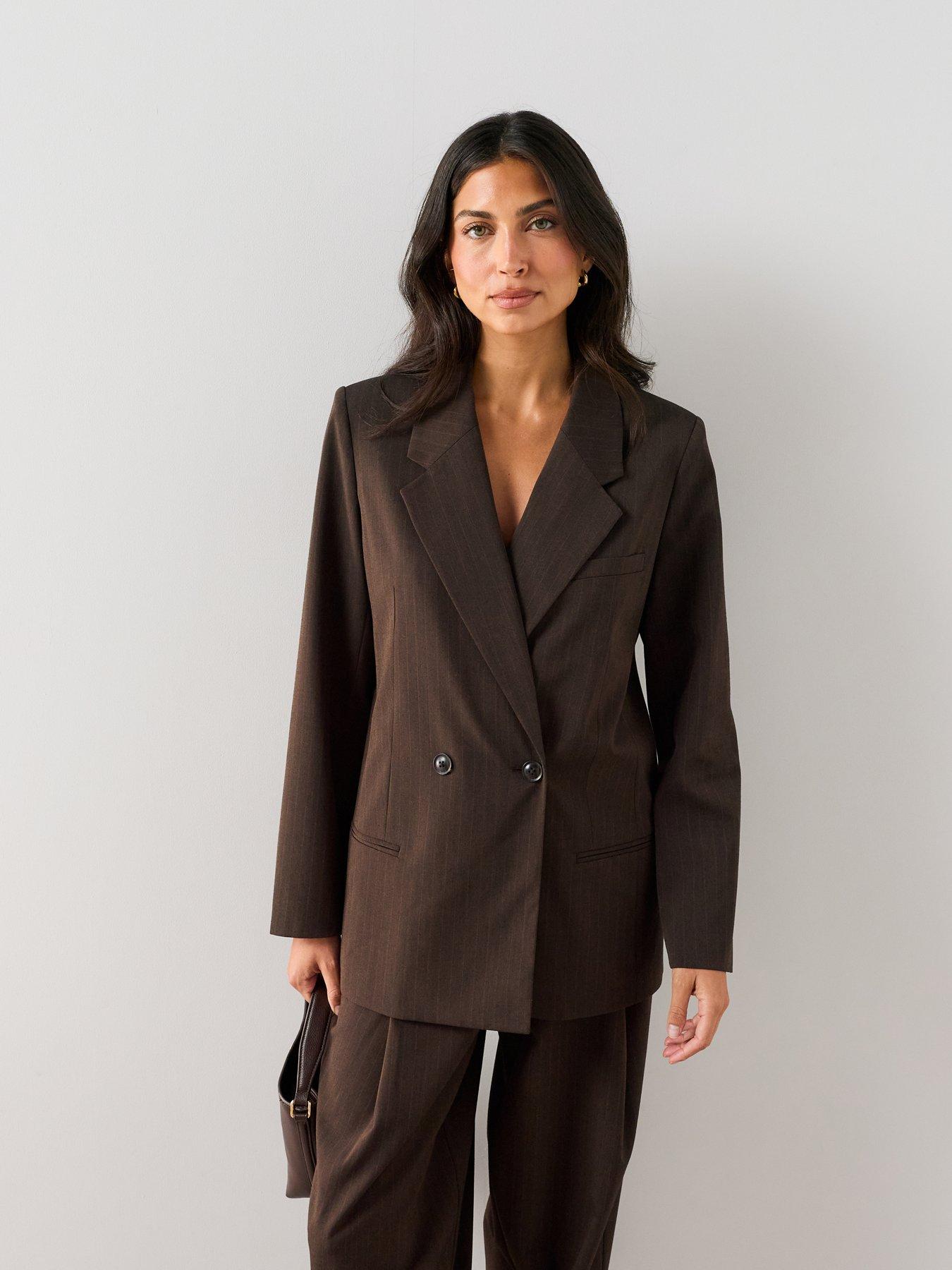 The Very Collection Women's Pinstripe Double Breasted Blazer - Brown