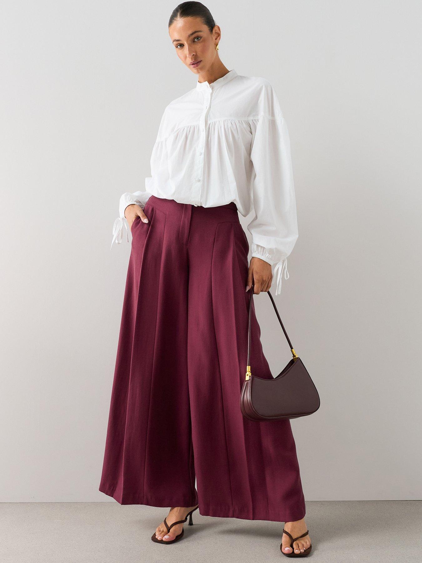 The Very Collection Women's Ultra Wide Leg Waistband Detail Trousers - Burgundy