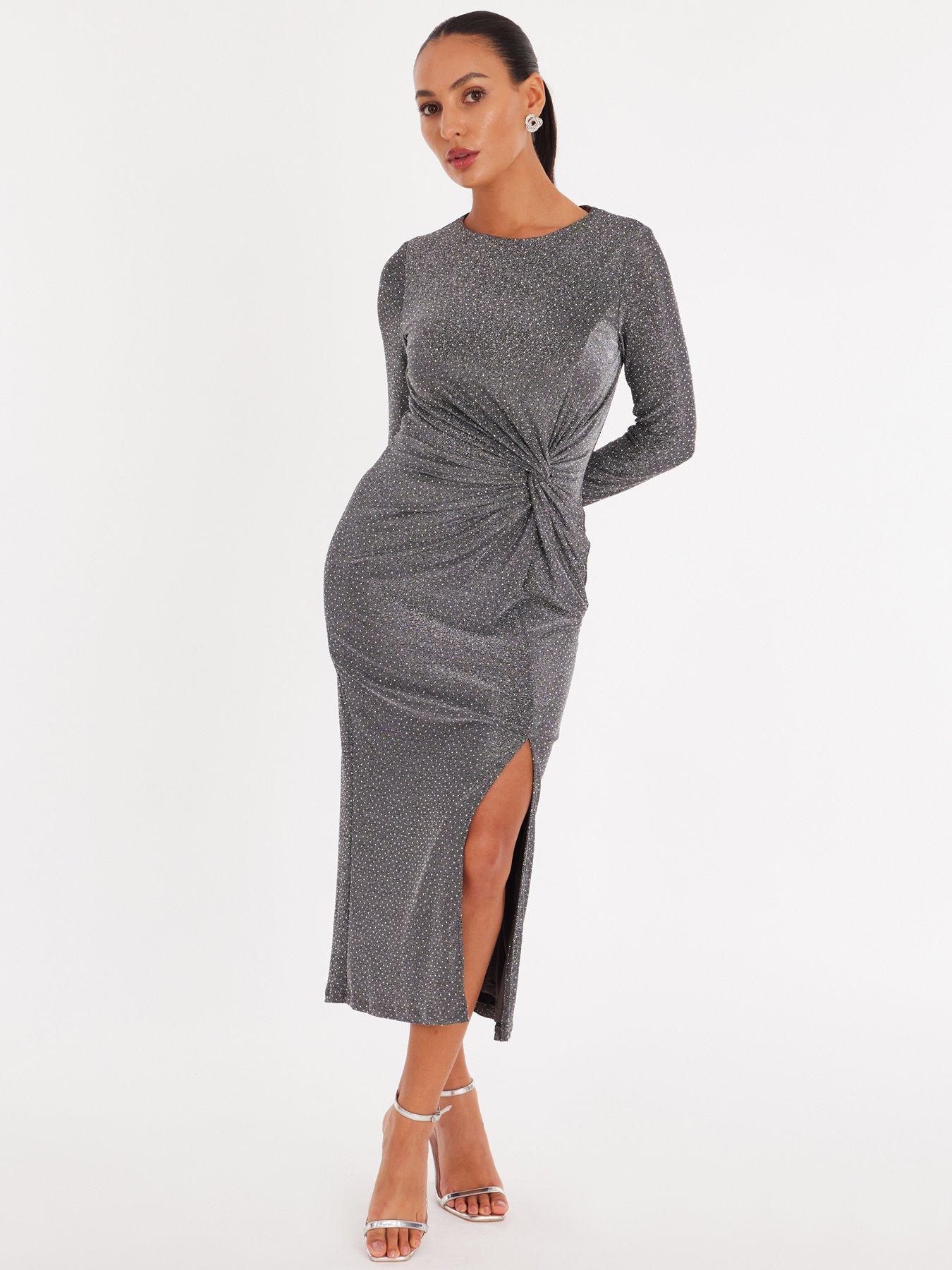 Quiz Dark Grey Diamante Twist Midaxi Dress