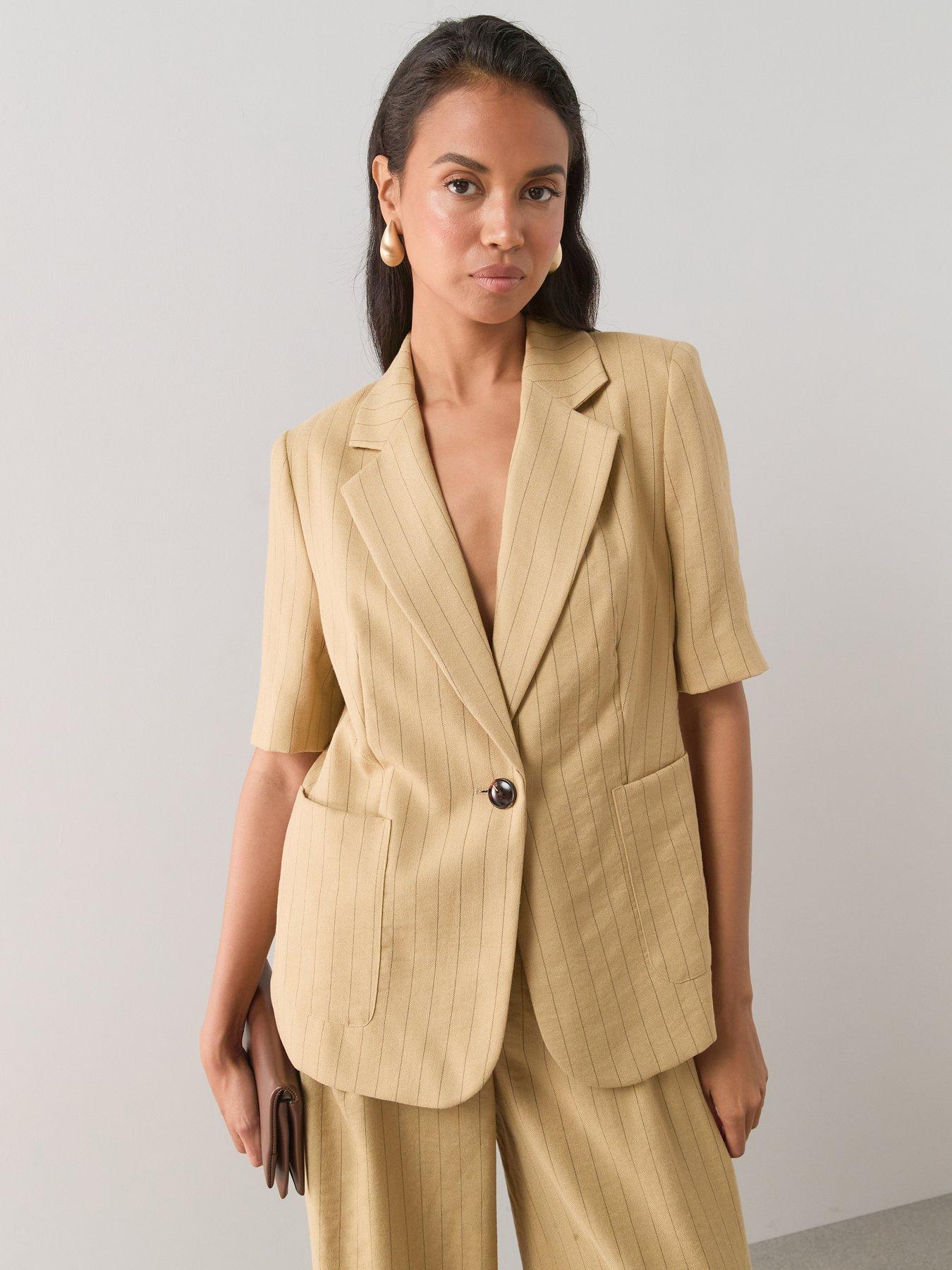 Image 4 of 7 of The Very Collection Pinstripe Short Sleeve Blazer - Beige