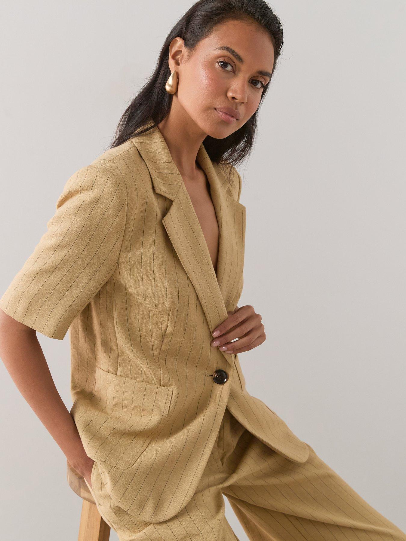 Image 6 of 7 of The Very Collection Pinstripe Short Sleeve Blazer - Beige