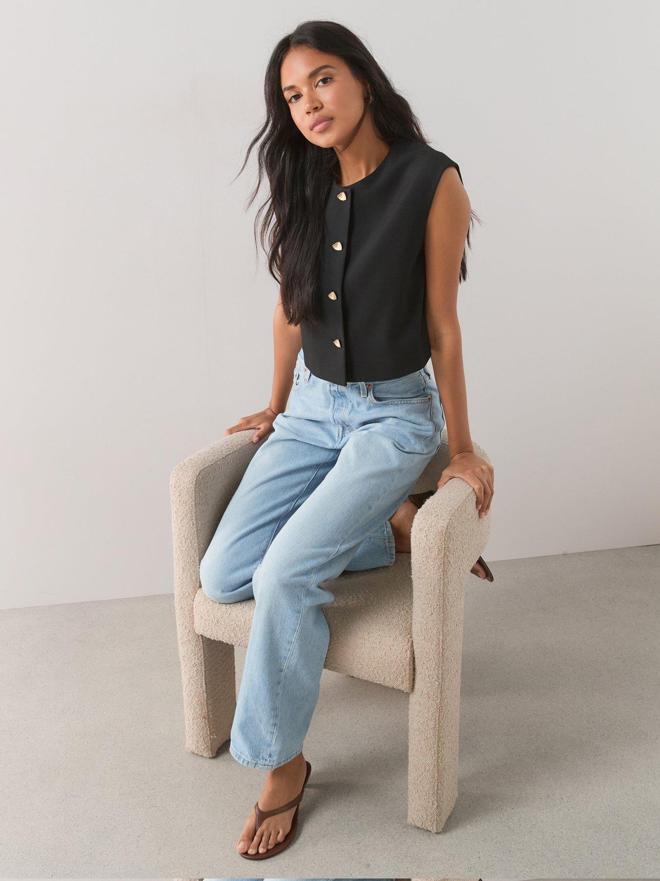 The Very Collection Round Neck Scoop Waistcoat With Statement Button - Black