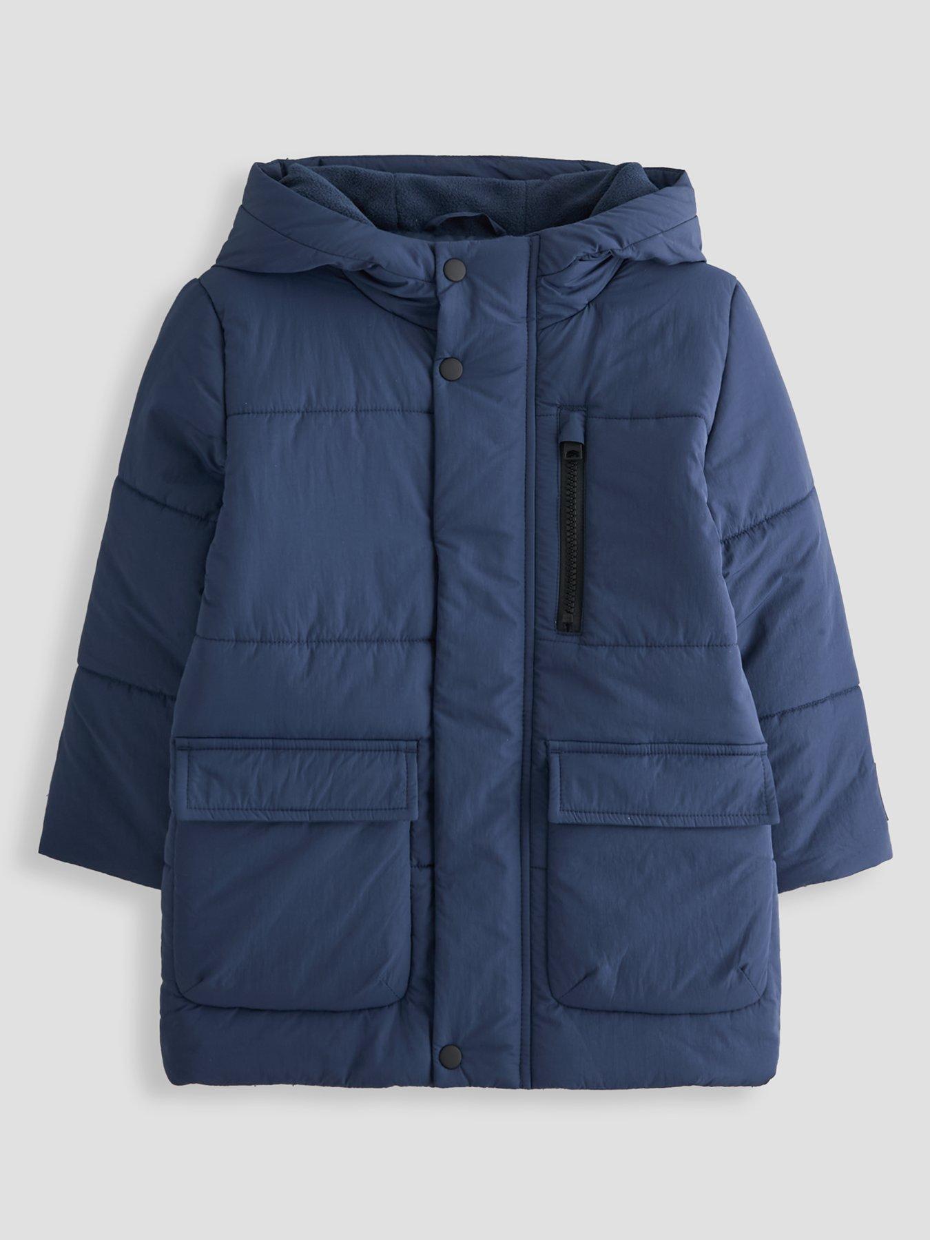 The Very Collection Boys Longline Crinkle Nylon Water Resistant Padded Coat - Navy