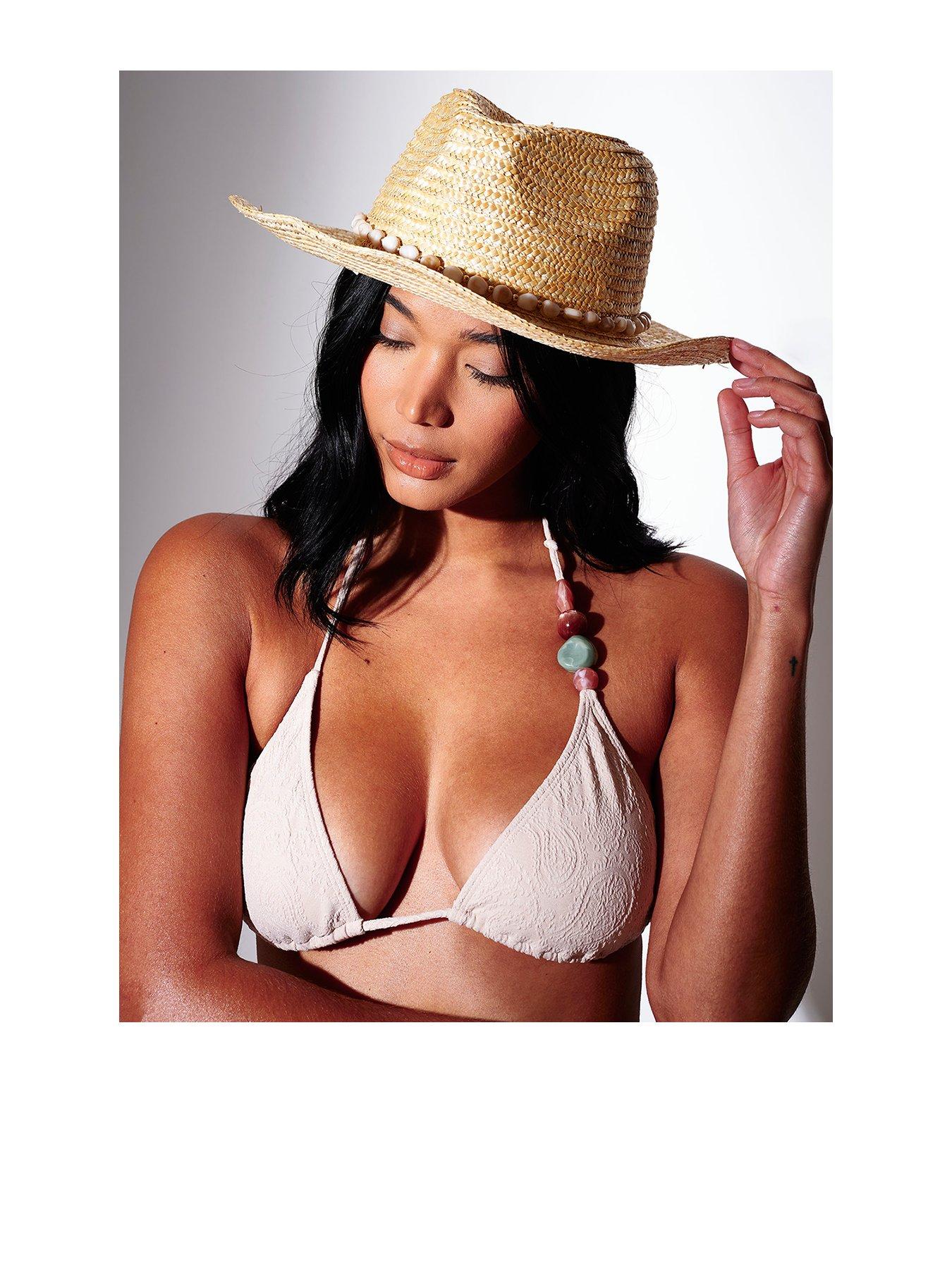 South Beach Straw Pearl Trim Cowboy Hat - Beige