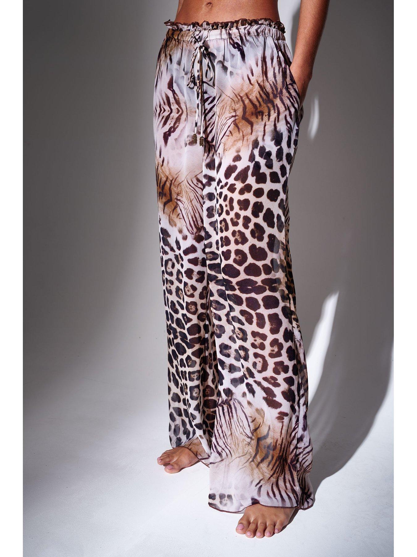 Image 2 of 4 of South Beach Leopard Lettuce Edge Straight Leg Trousers - Animal - Multi