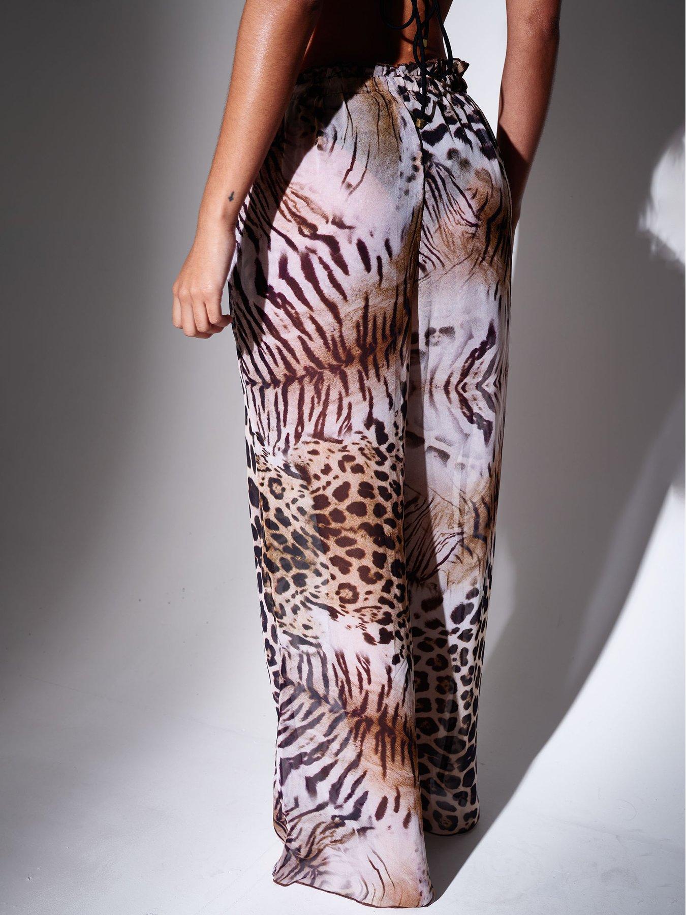 Image 3 of 4 of South Beach Leopard Lettuce Edge Straight Leg Trousers - Animal - Multi