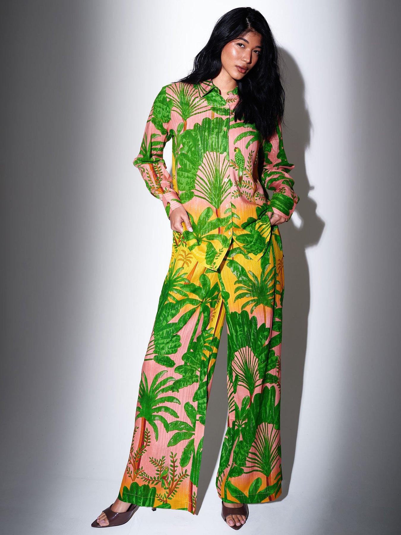Image 1 of 3 of South Beach Metallic Stripe Printed Wide Leg Trousers - Multi