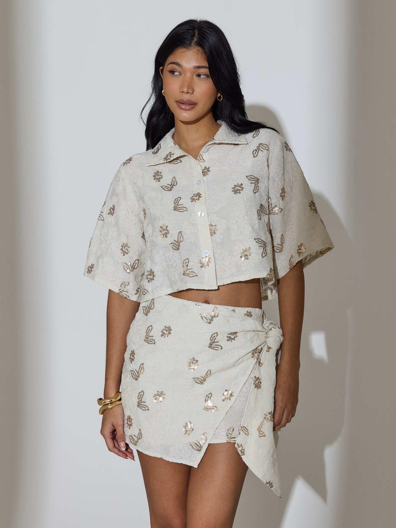South Beach Floral Sequin Embroidered Wrap Mini Skirt - Cream