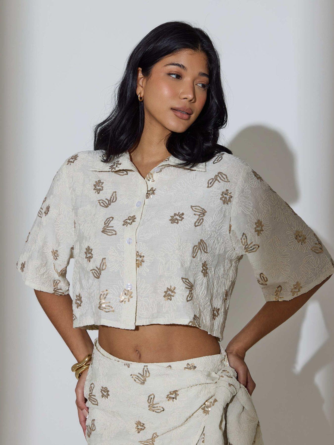 Image 2 of 3 of South Beach Floral Sequin Embroidered Short Sleeve Shirt - Cream
