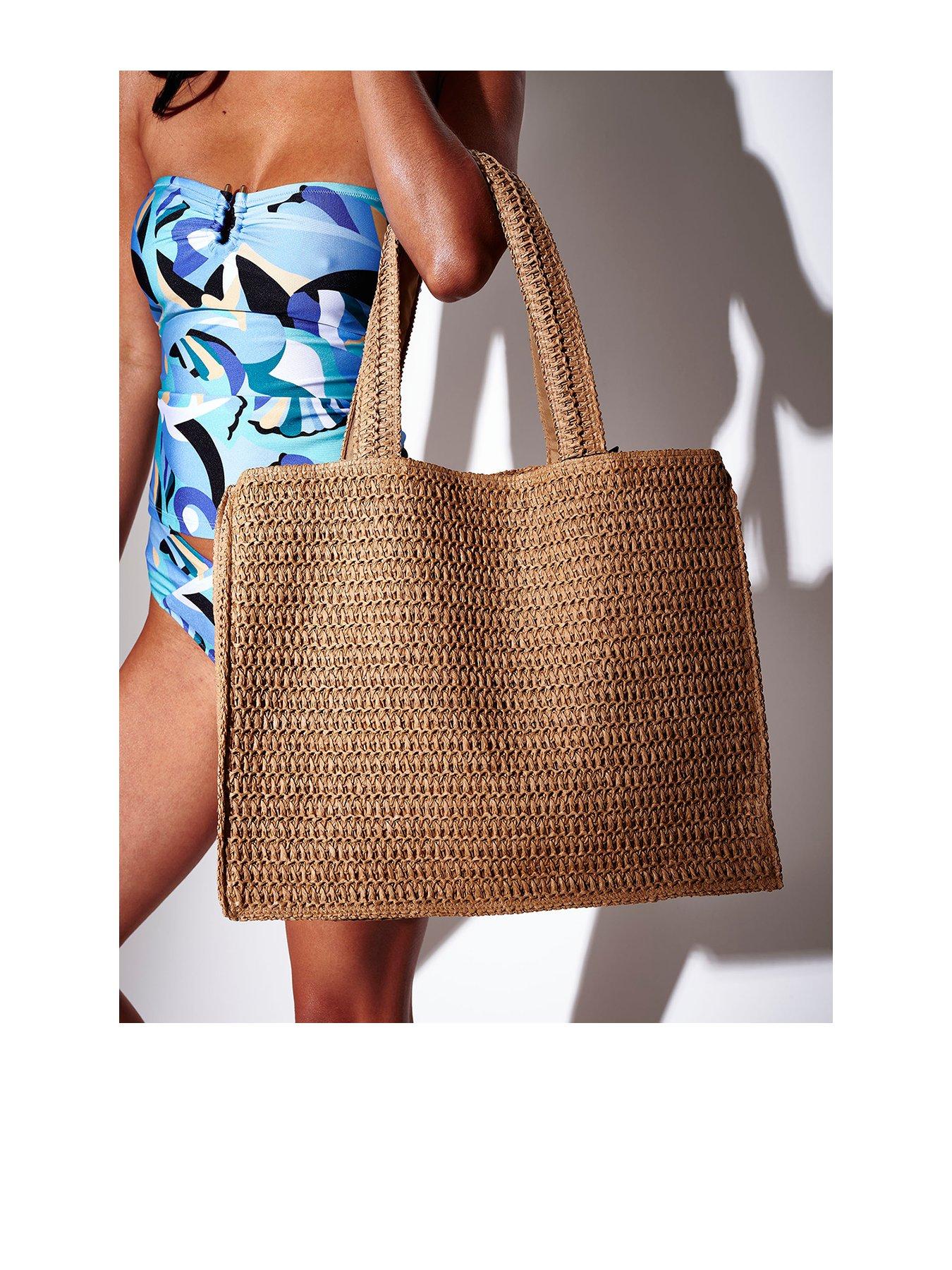 South Beach Straw Shoulder Tote Bag - Beige