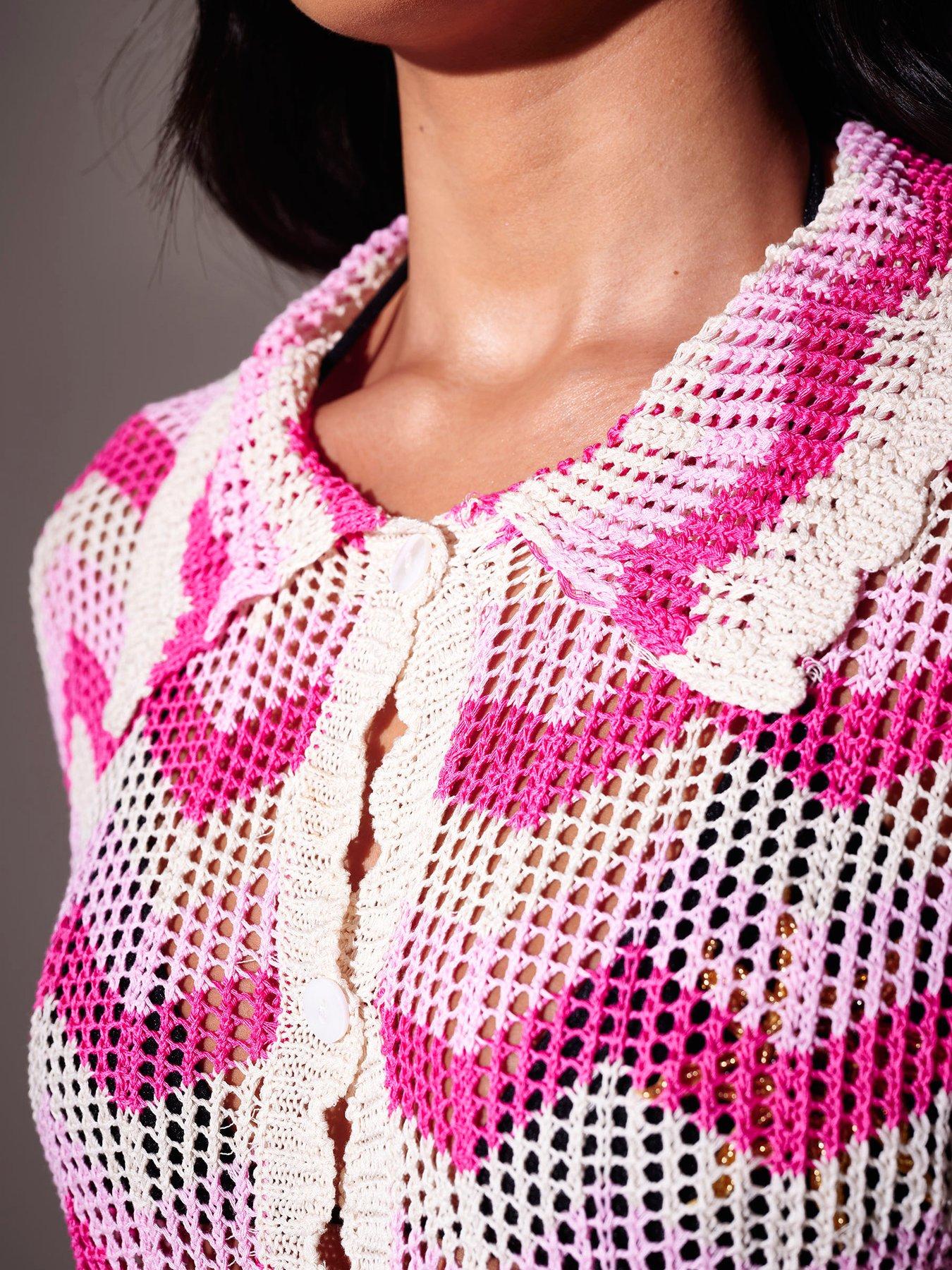 Image 3 of 4 of South Beach Knitted Chevron Short Sleeve Shirt - Pink