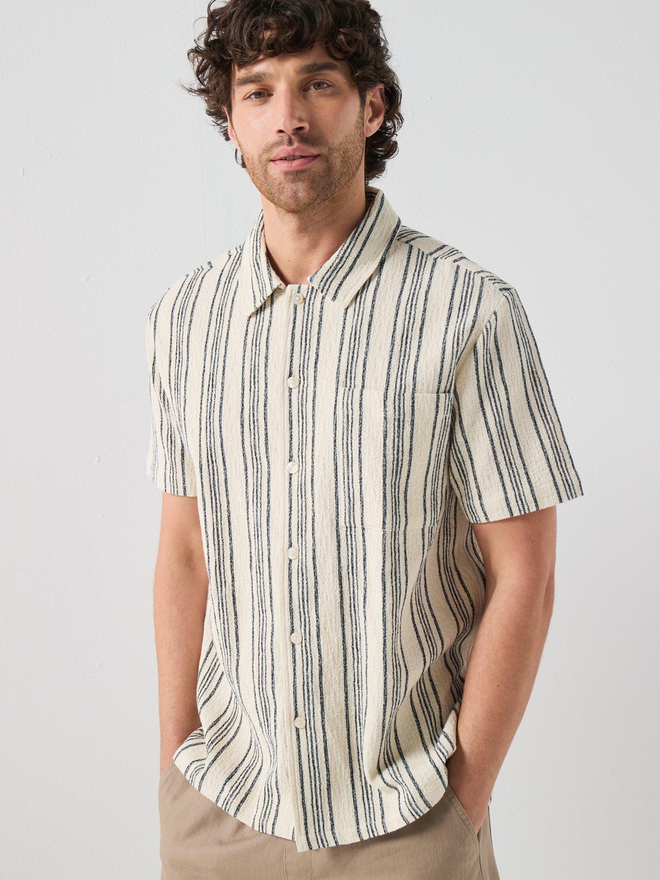 Farah F Tab Simon Shortsleeve Stripe Relaxed Fit Textured Stripe Shirt - Cream