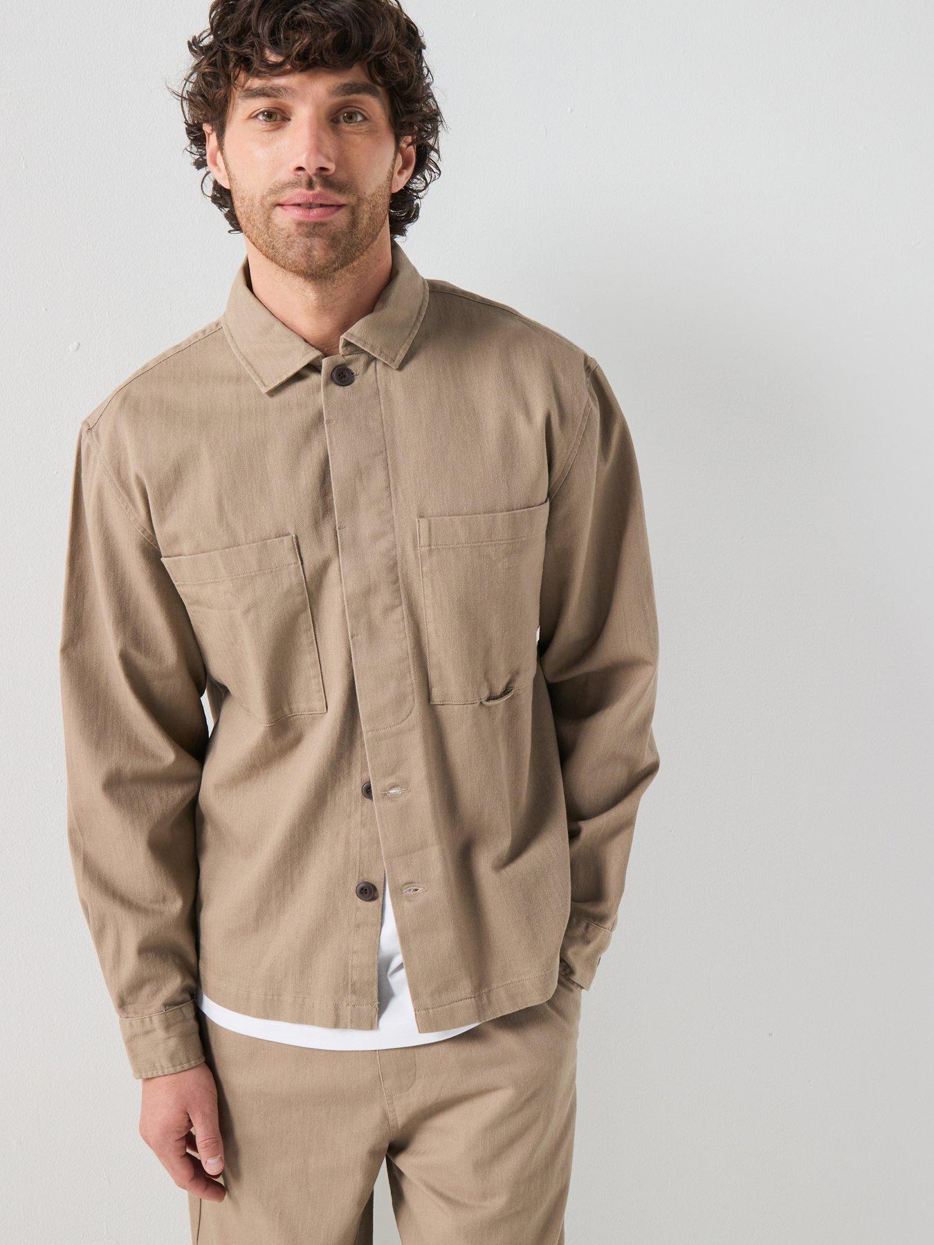 Farah F Tab Marshall Box Fit Herringbone Overshirt - Beige