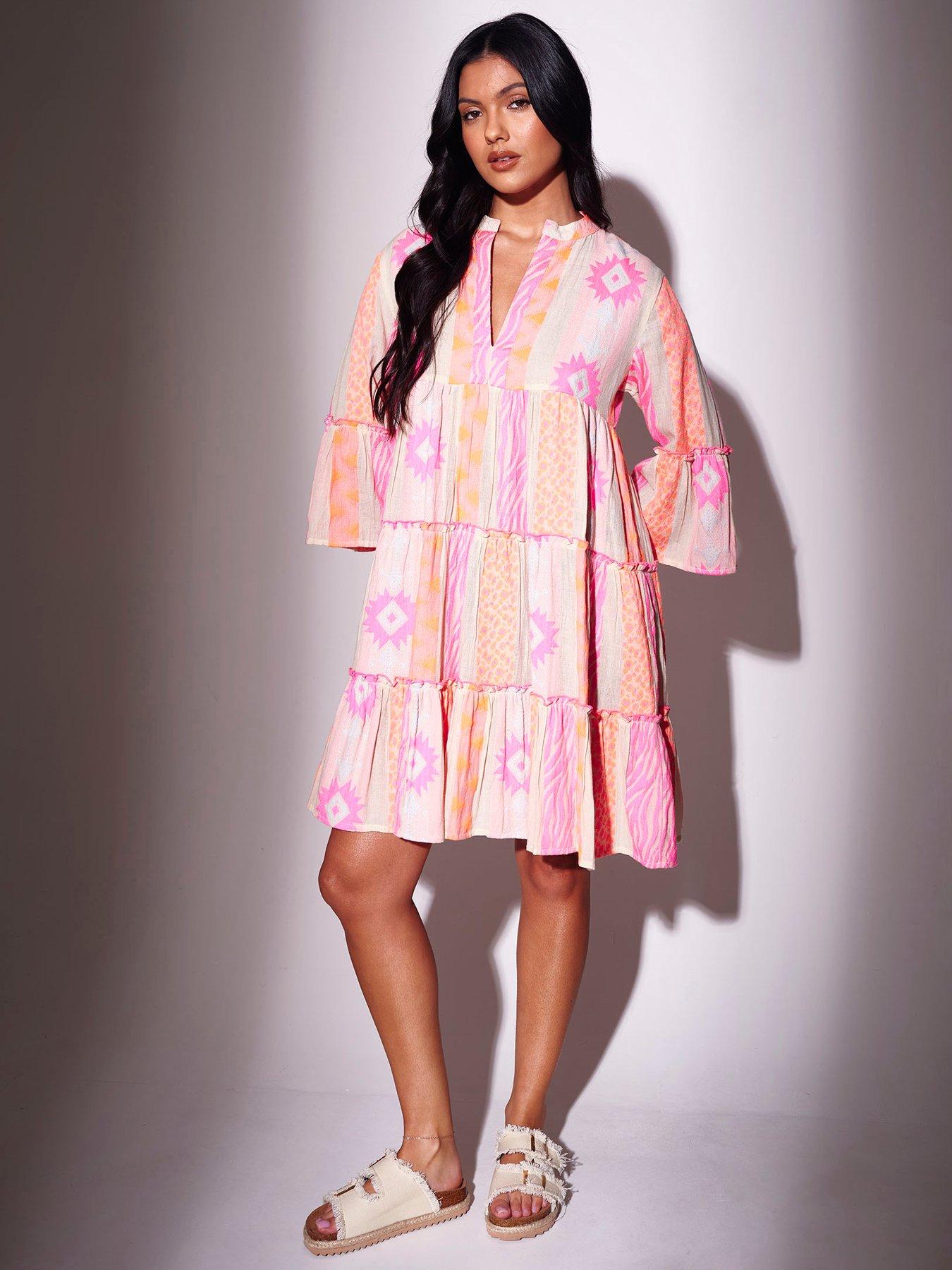South Beach Jaquard Long Sleeve Mini Dress - Neon - Multi
