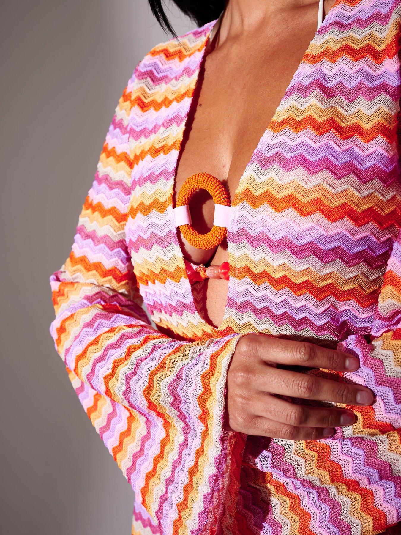 Image 3 of 4 of South Beach Chevron Crochet Mini Kaftan With Beaded Trim - Multi