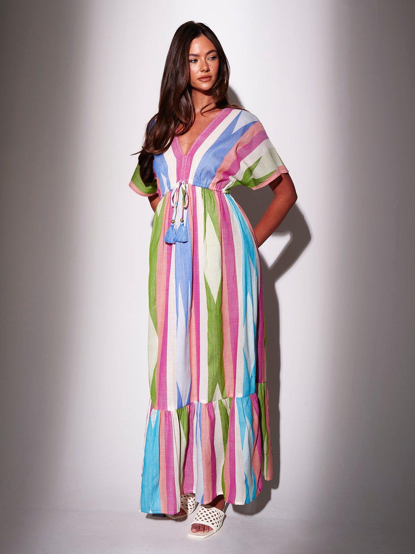 South Beach Stripe Jacquard Maxi Short Sleeve Dress - Multi