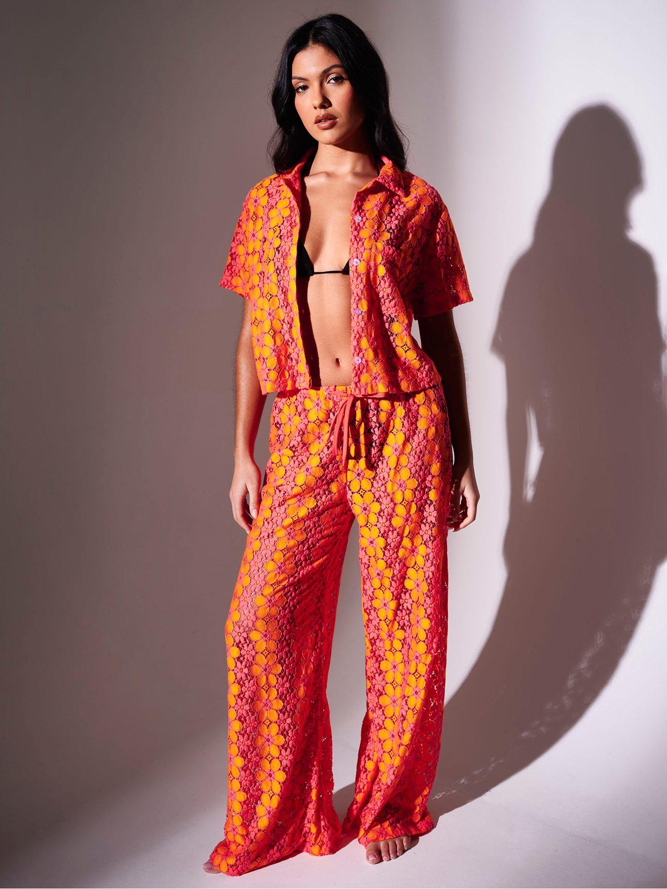 Image 1 of 5 of South Beach Floral Crochet Wide Leg Trousers - Multi