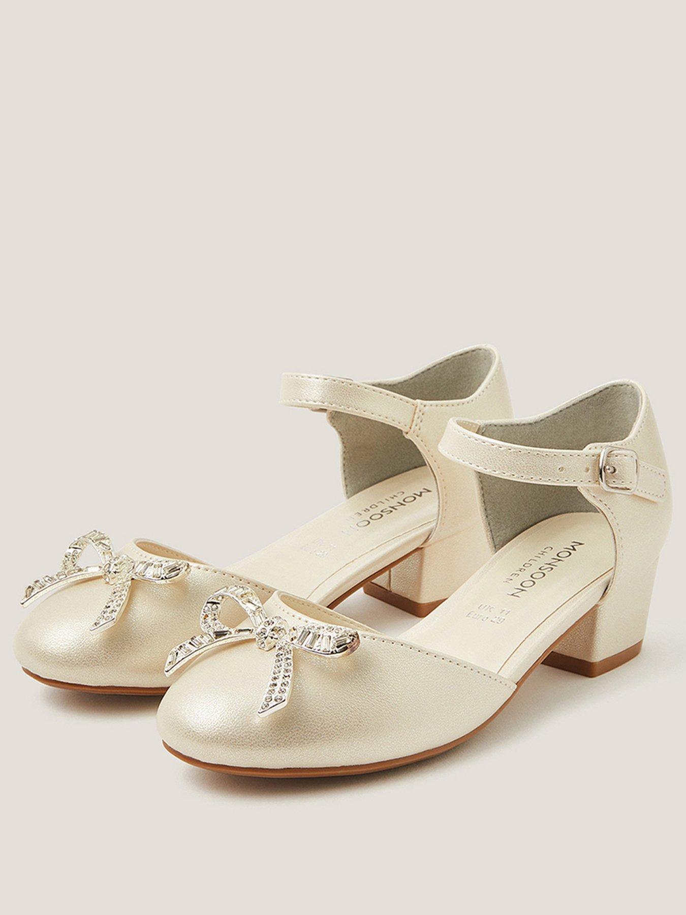 Image 2 of 3 of Monsoon Girls Silver Bow Gem 2 Part Heel Shoes - Light Cream