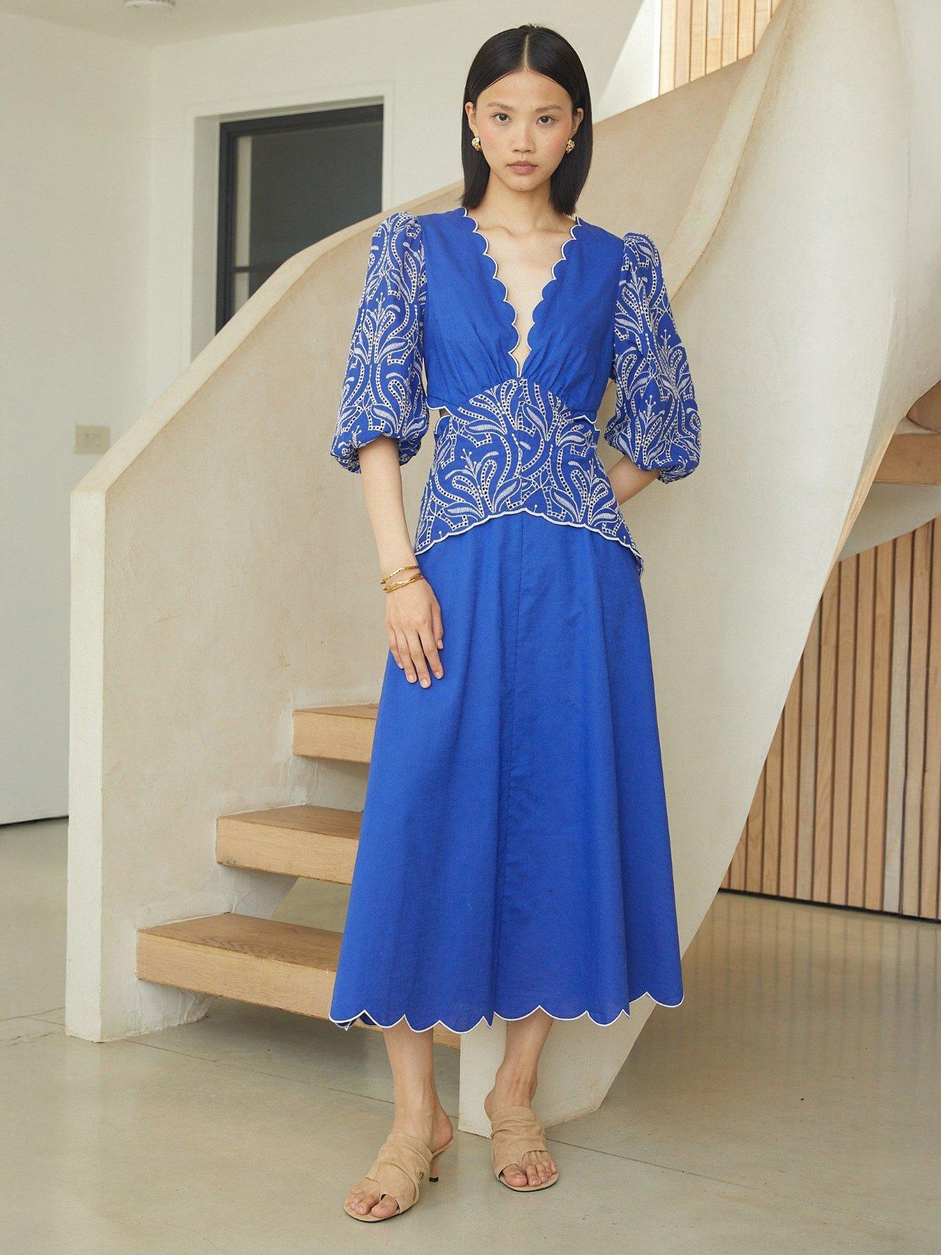 Jovonna London Tiana Embroidered Midi Dress - Blue