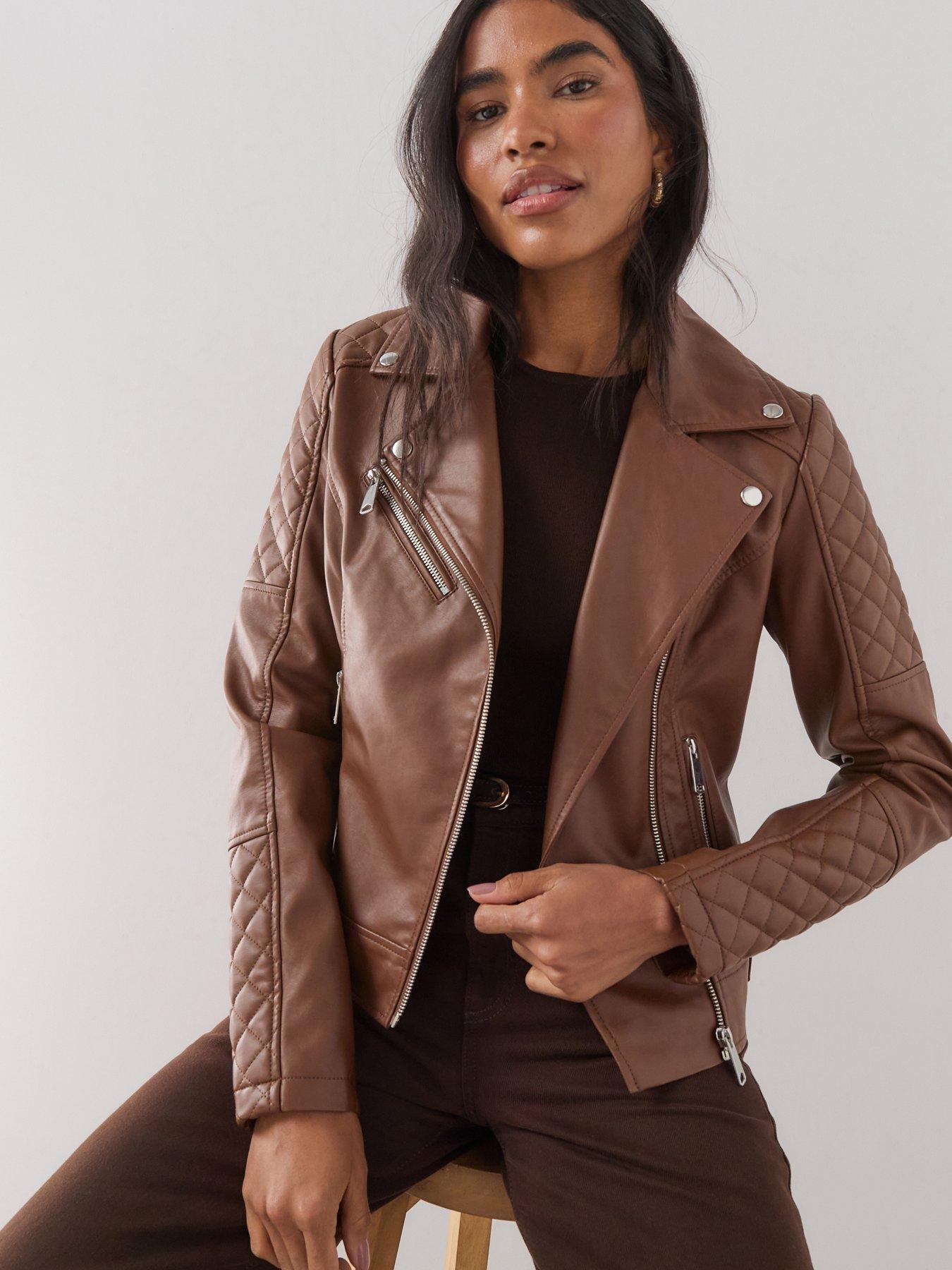Image 1 of 7 of The Very Collection Faux Leather Biker Jacket - Brown