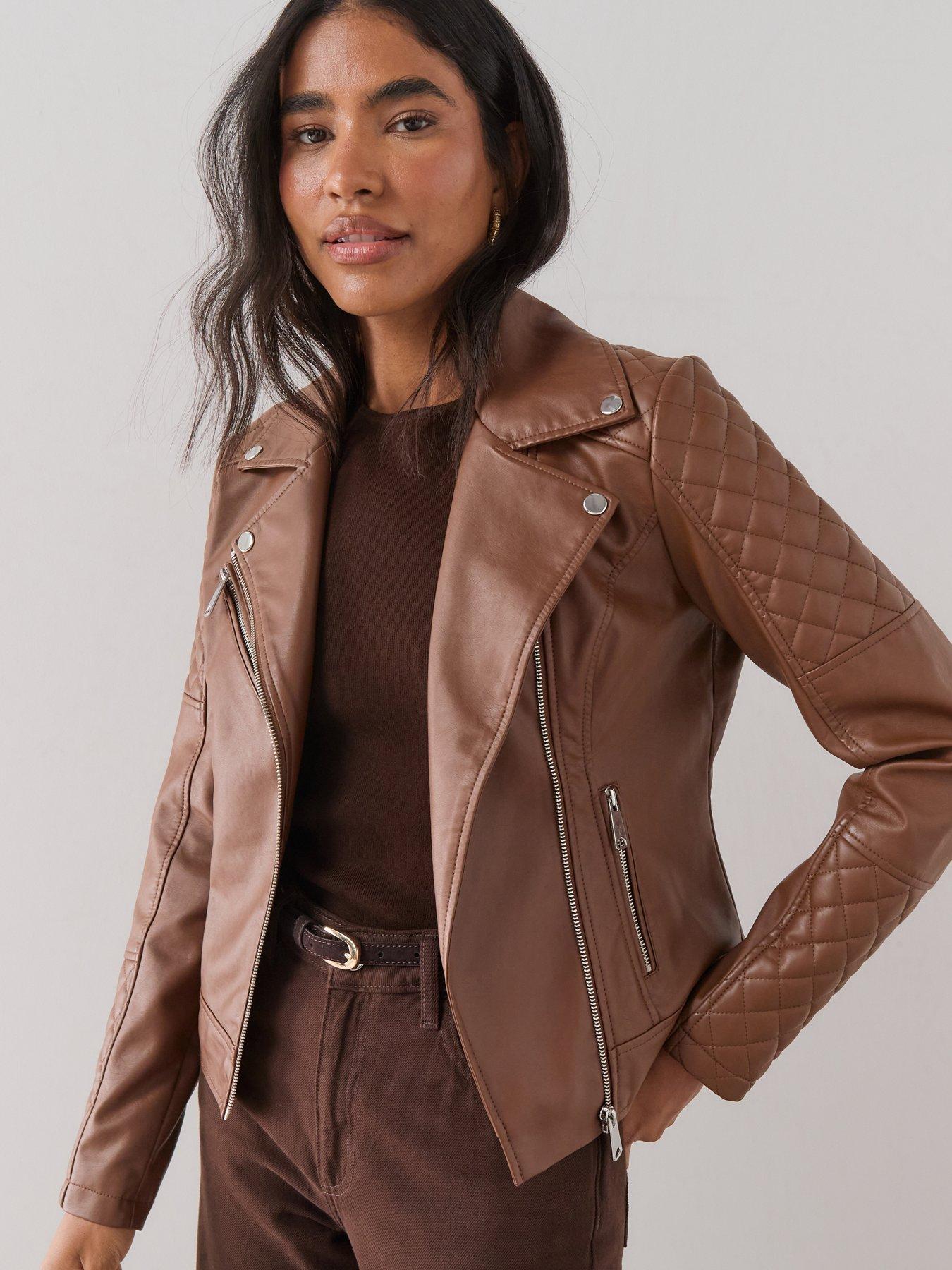 Image 4 of 7 of The Very Collection Faux Leather Biker Jacket - Brown