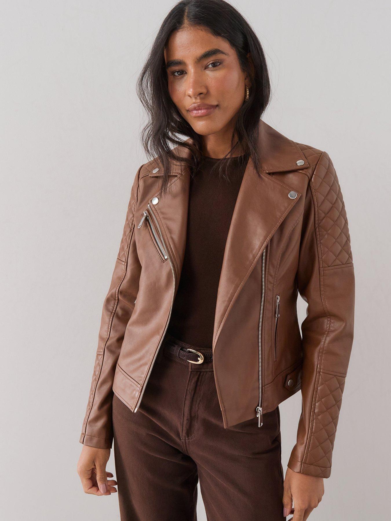 Image 6 of 7 of The Very Collection Faux Leather Biker Jacket - Brown