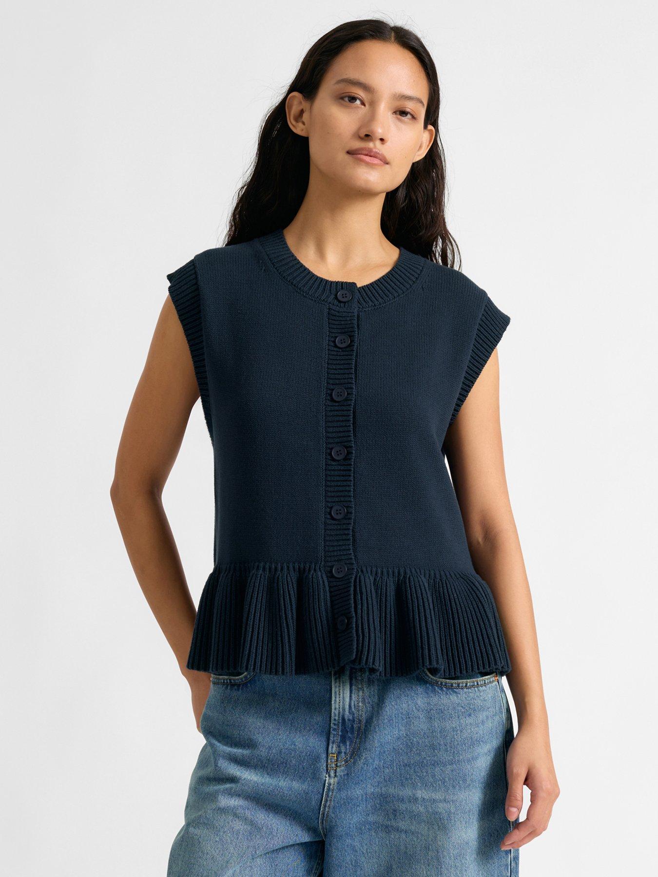 Image 1 of 4 of Albaray Peplum Hem Cotton Knitted Vest - Navy