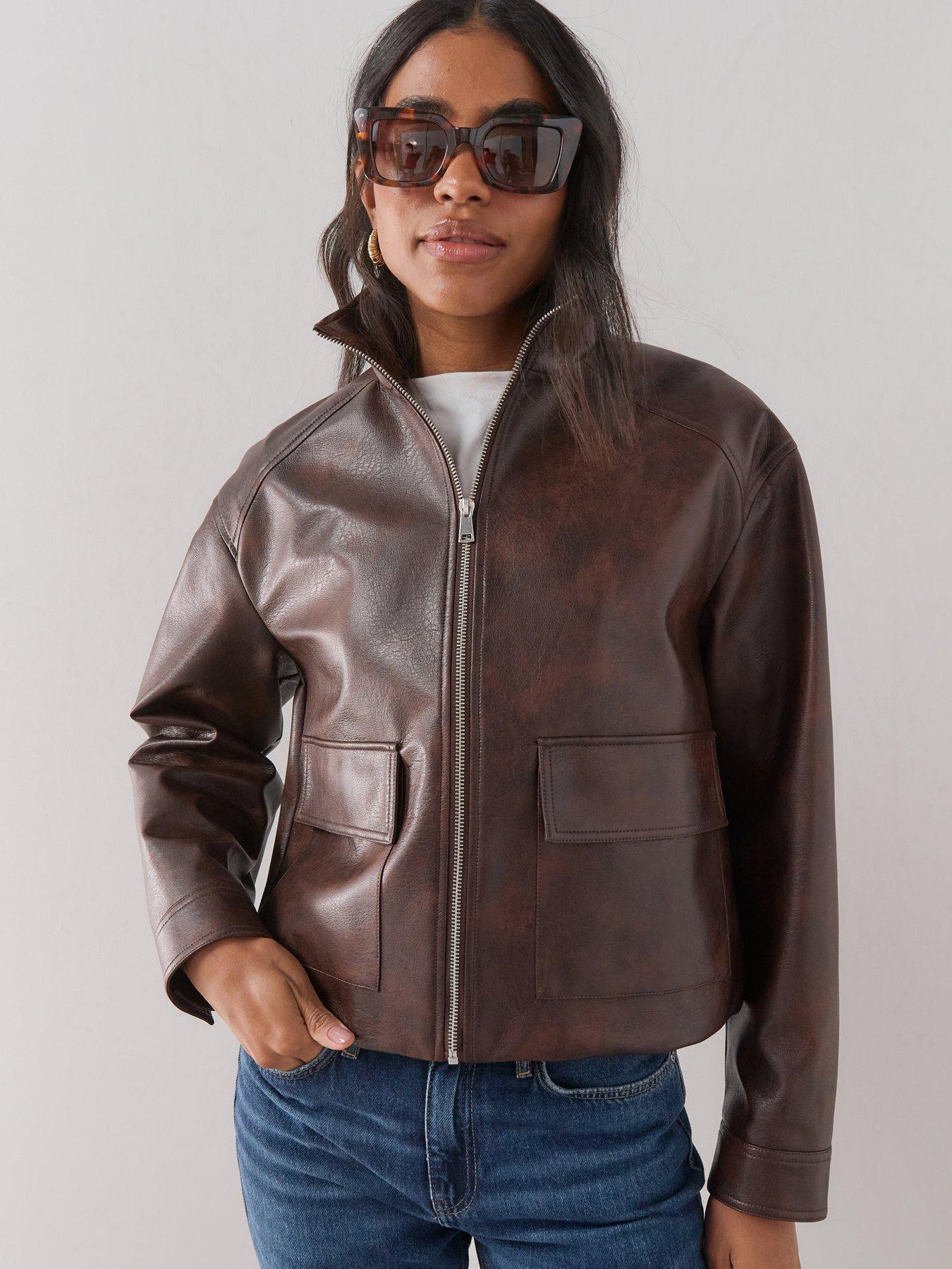The Very Collection Funnel Neck Faux Leather Jacket - Brown