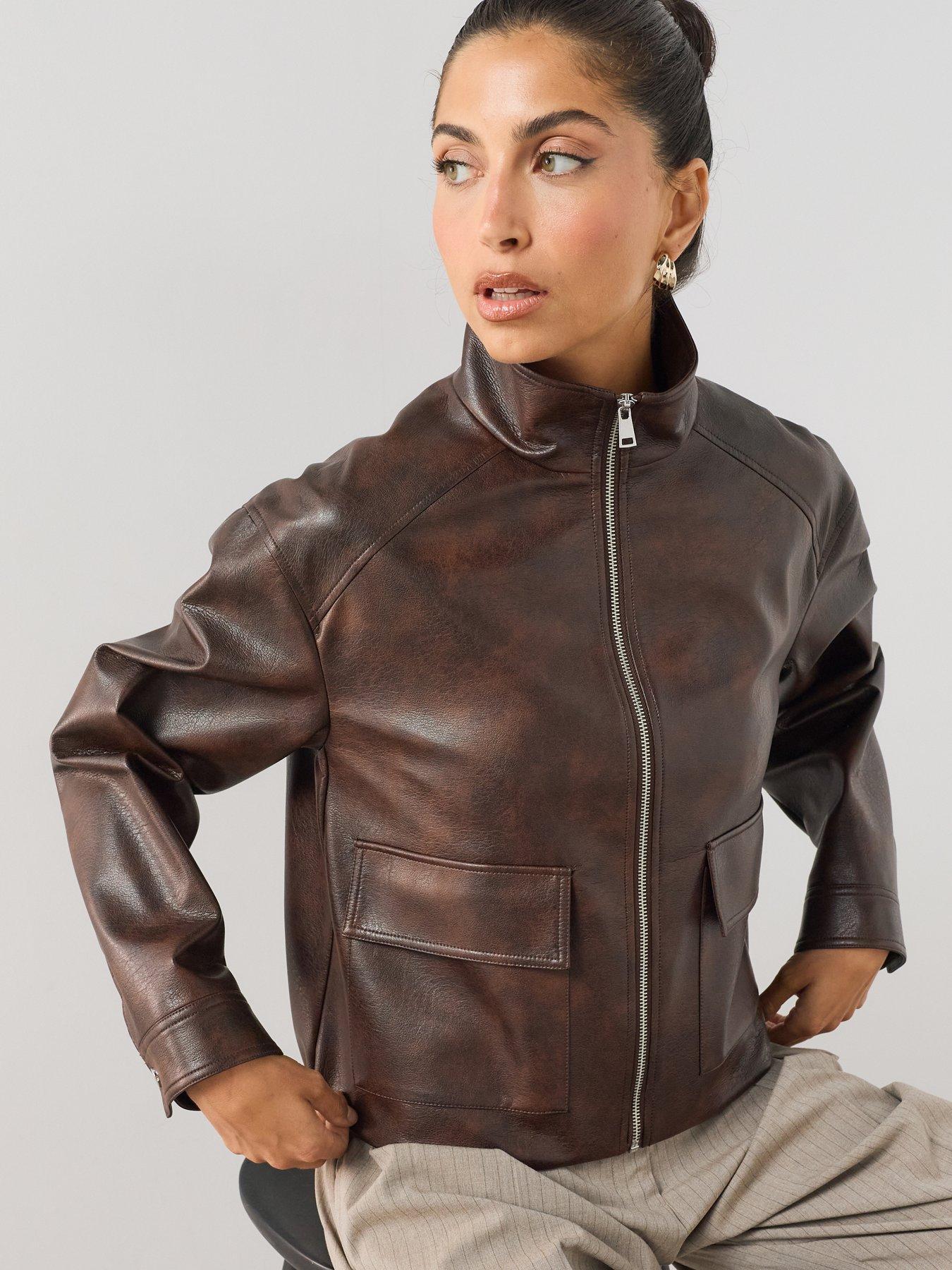 The Very Collection Funnel Neck Faux Leather Jacket - Brown