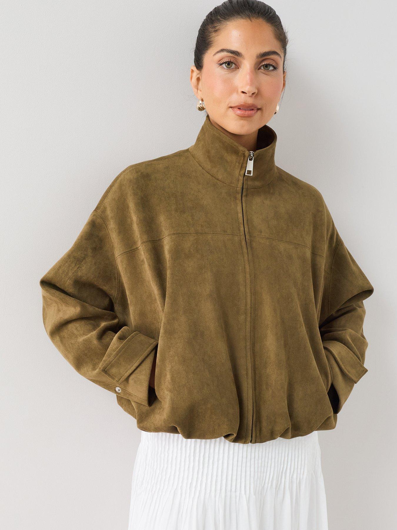 The Very Collection Funnel Neck Suedette Jacket - Khaki