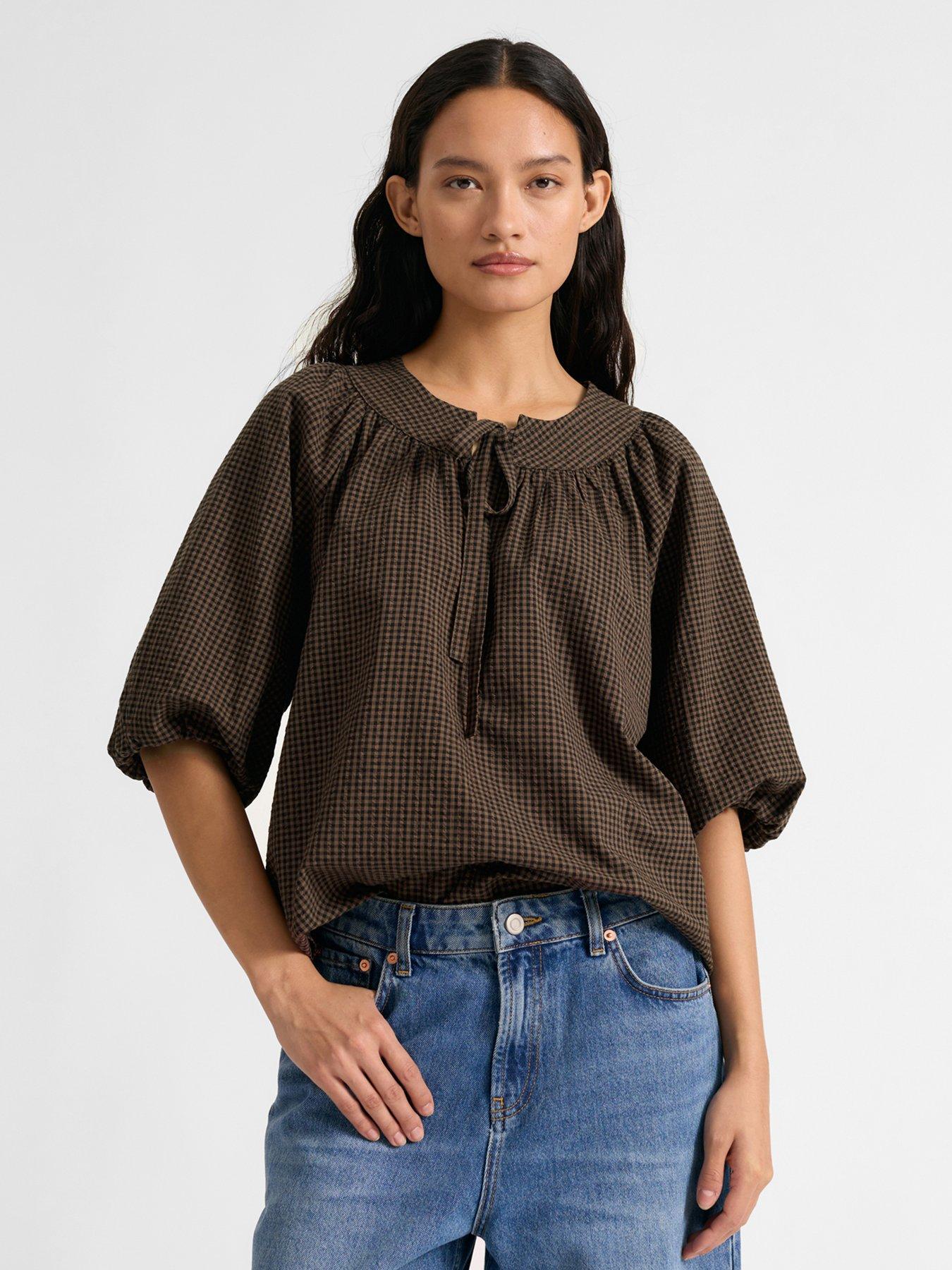 Image 1 of 5 of Albaray Gingham Tie Neck Top - Brown