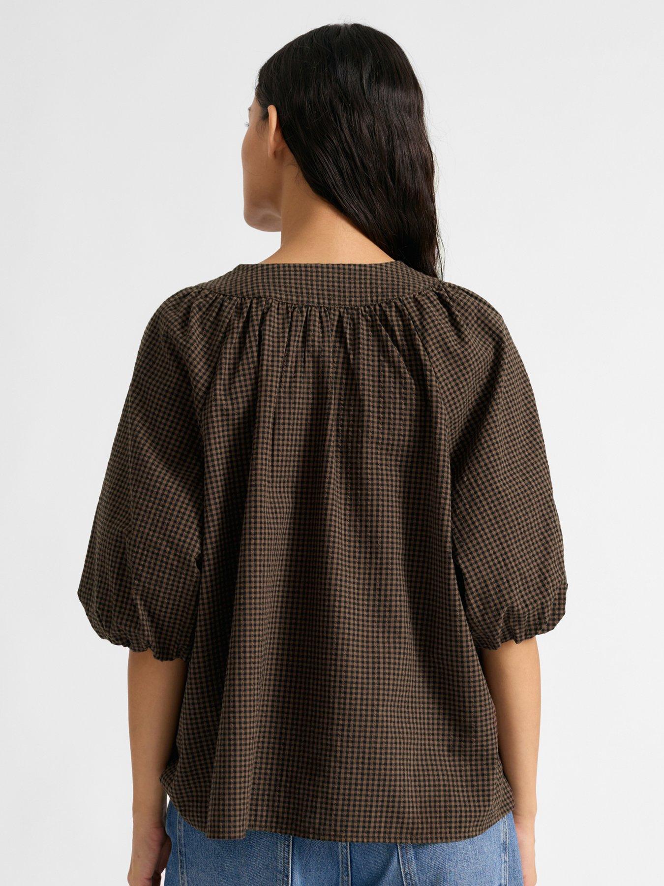 Image 2 of 5 of Albaray Gingham Tie Neck Top - Brown