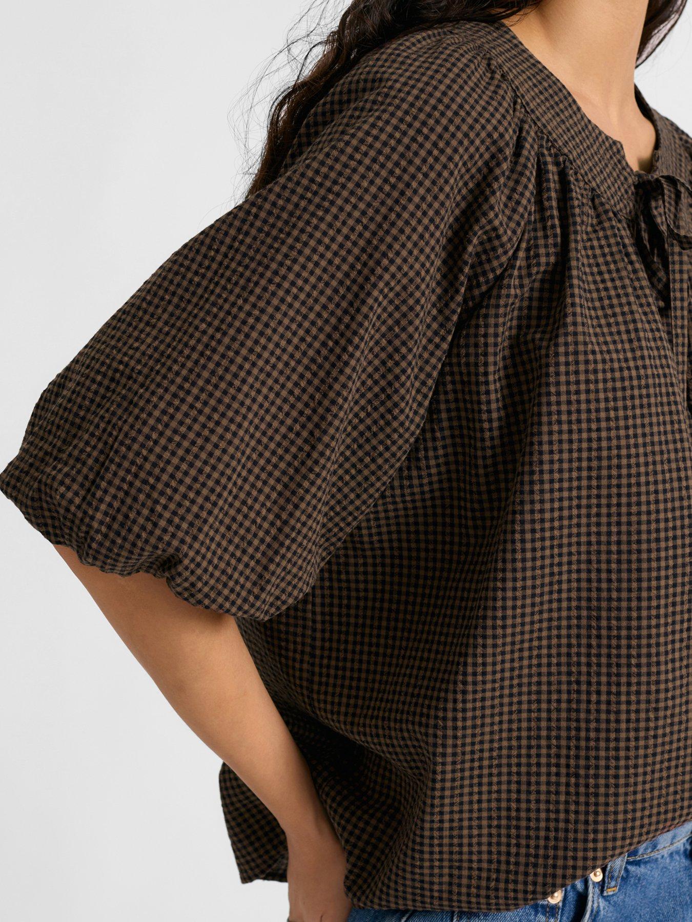 Image 3 of 5 of Albaray Gingham Tie Neck Top - Brown