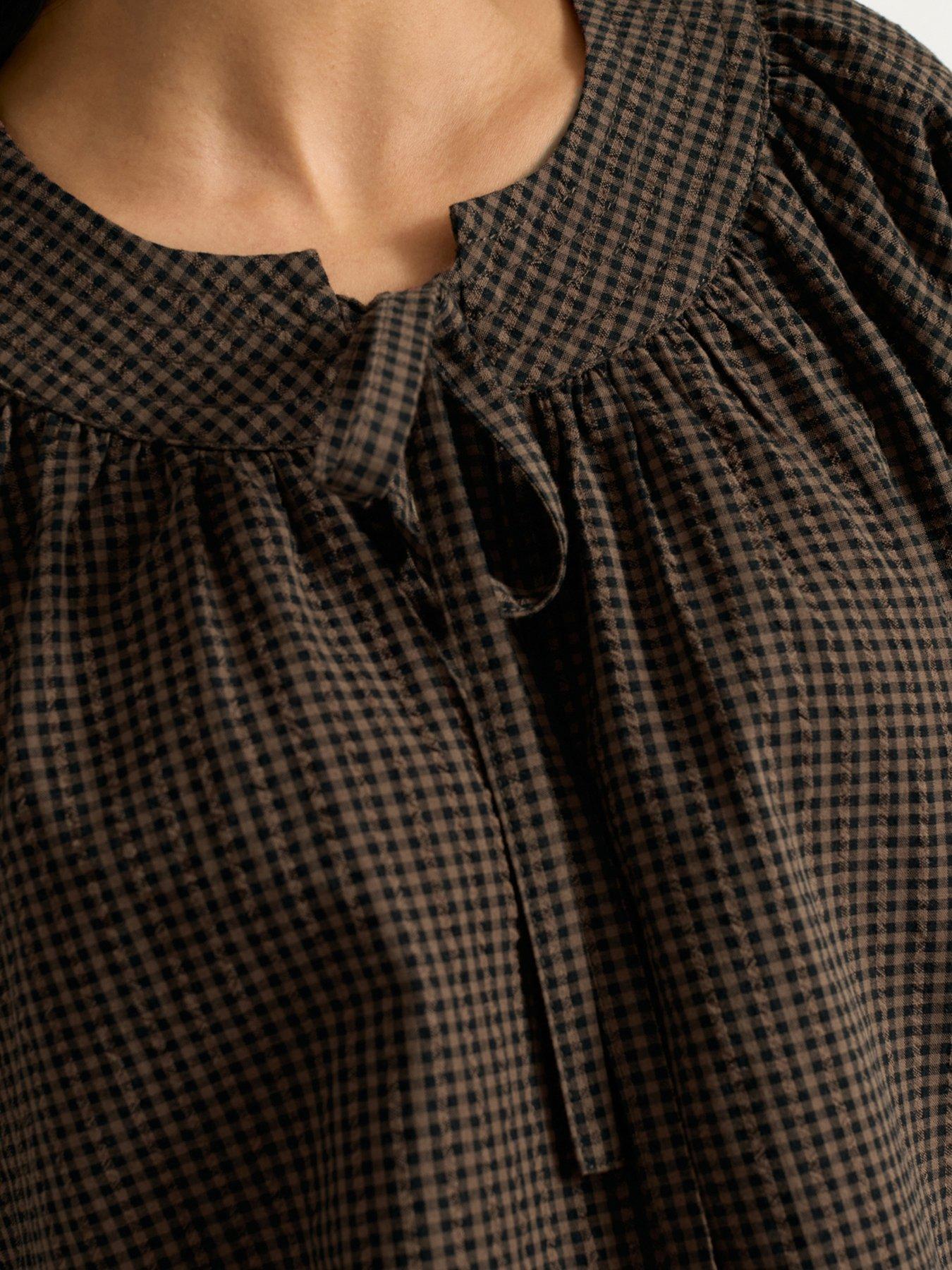 Image 4 of 5 of Albaray Gingham Tie Neck Top - Brown