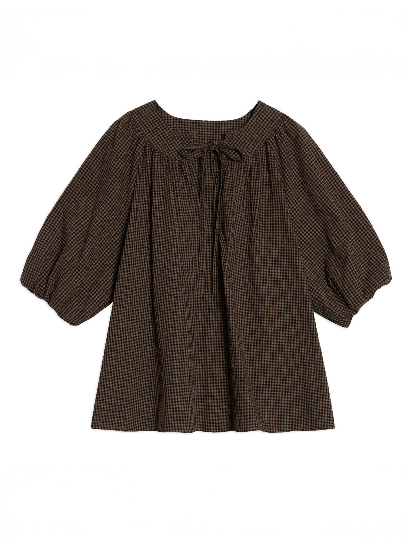 Image 5 of 5 of Albaray Gingham Tie Neck Top - Brown