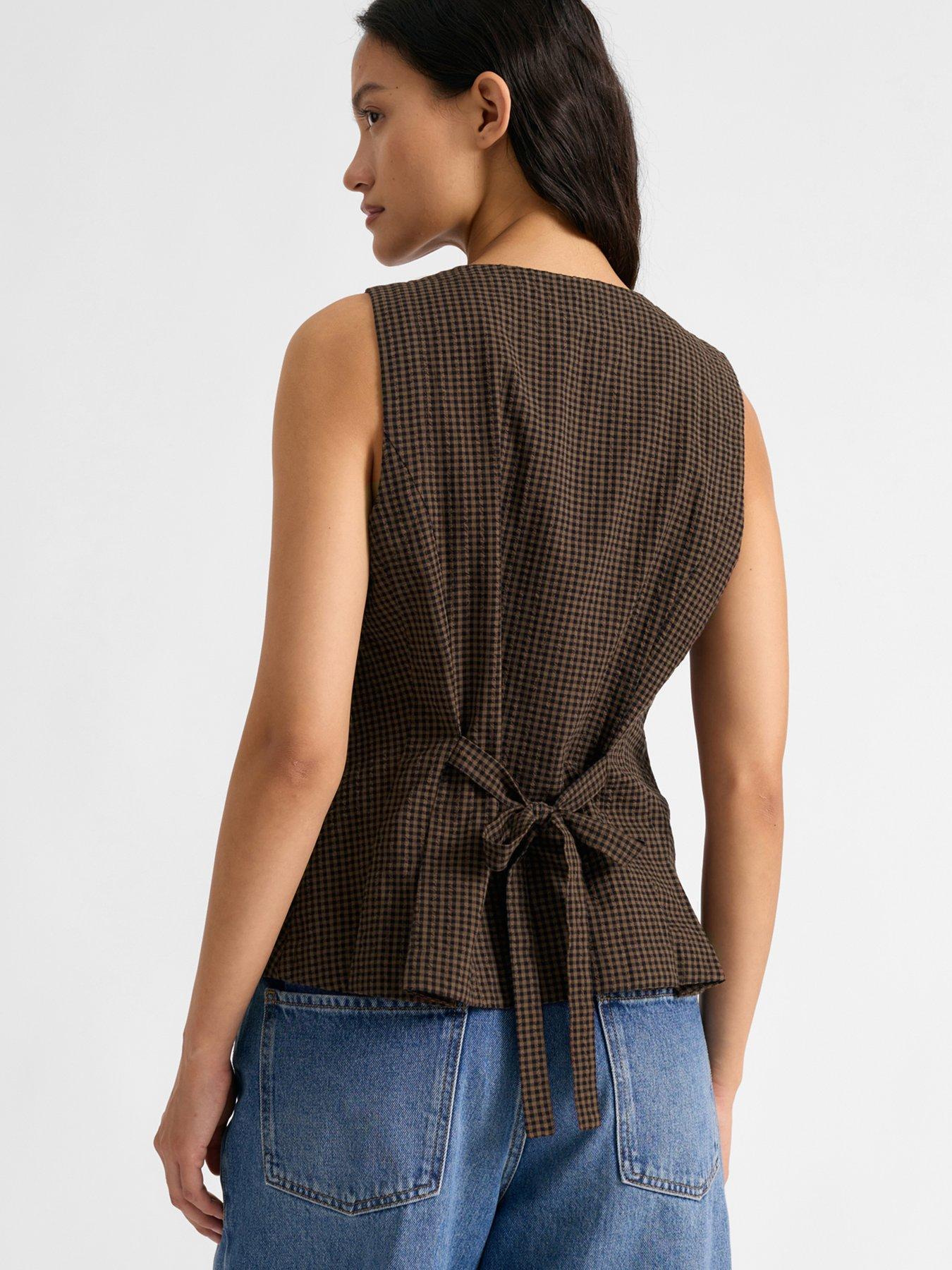 Image 2 of 4 of Albaray Gingham Print Button Front Waistcoat - Brown