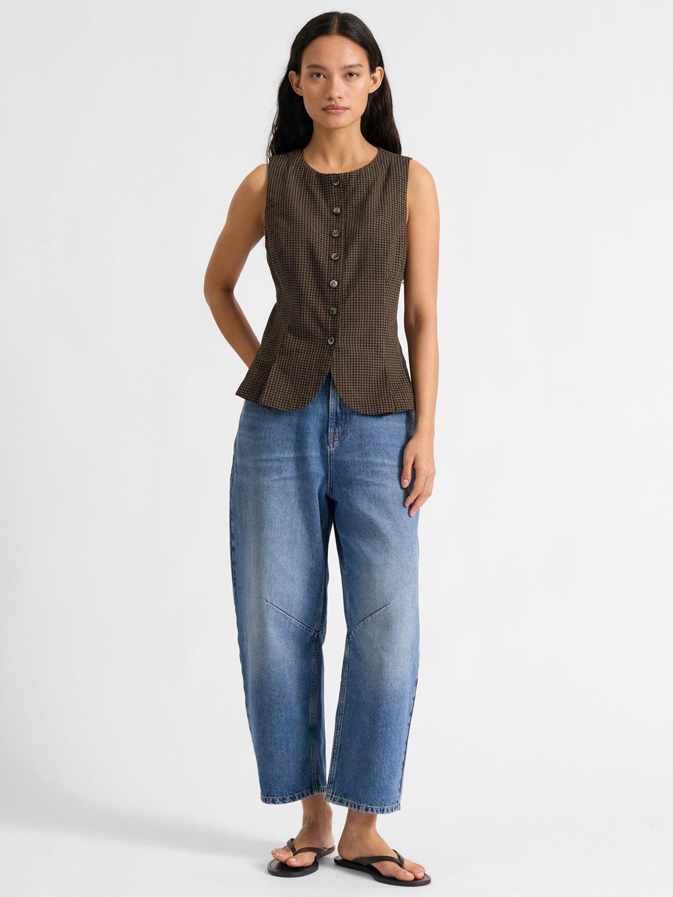 Image 4 of 4 of Albaray Gingham Print Button Front Waistcoat - Brown
