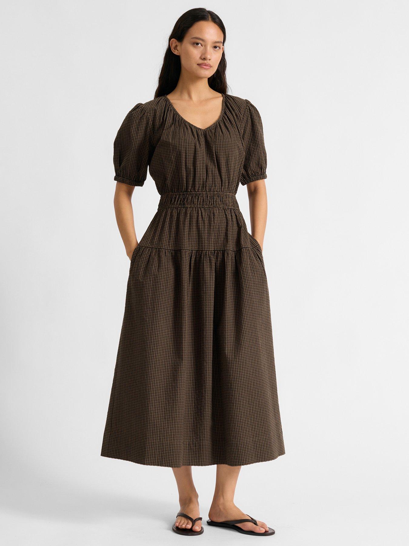  image of albaray-gingham-midi-dress-brown