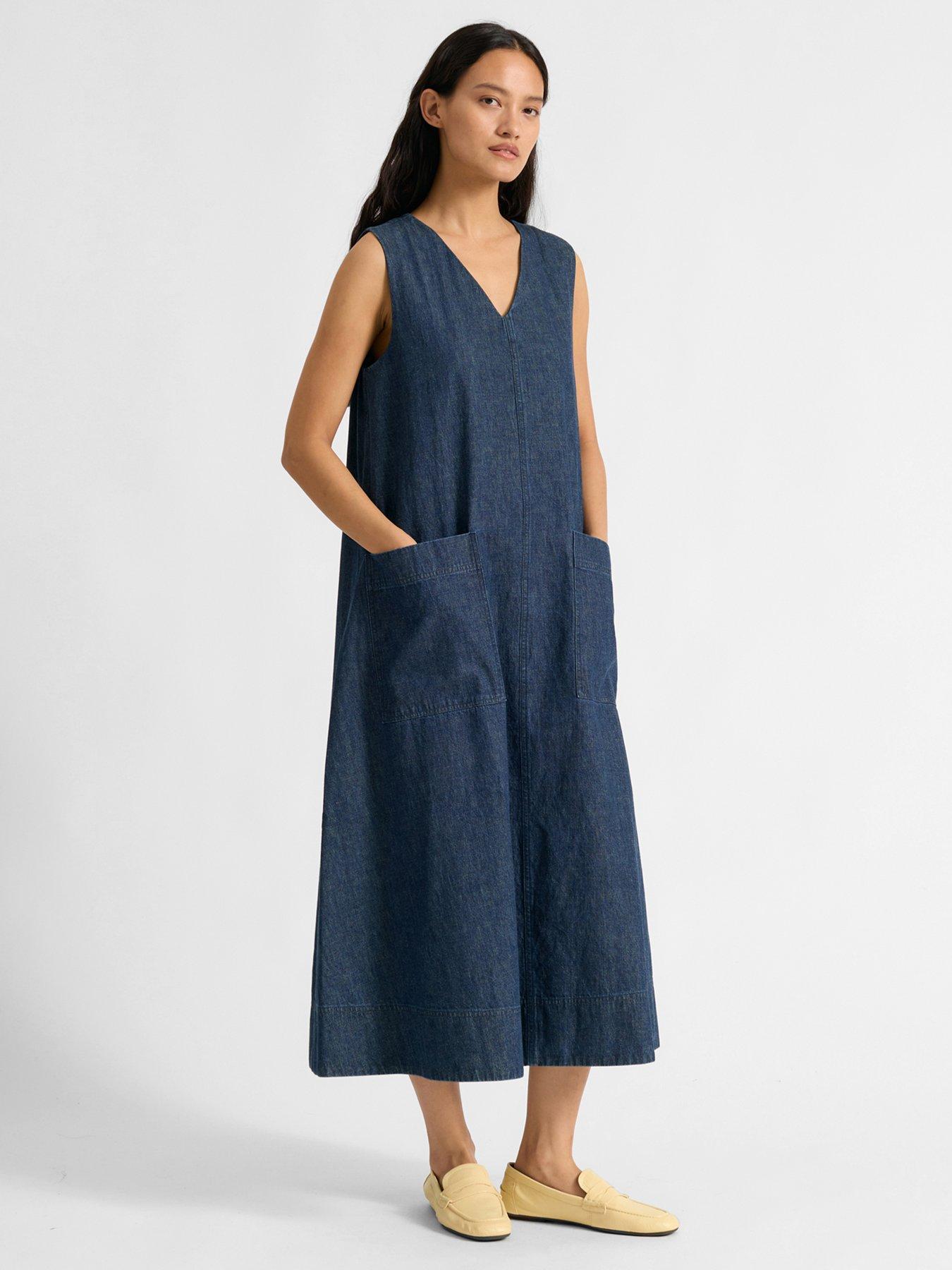 Albaray V Neck Denim A Line Dress - Blue
