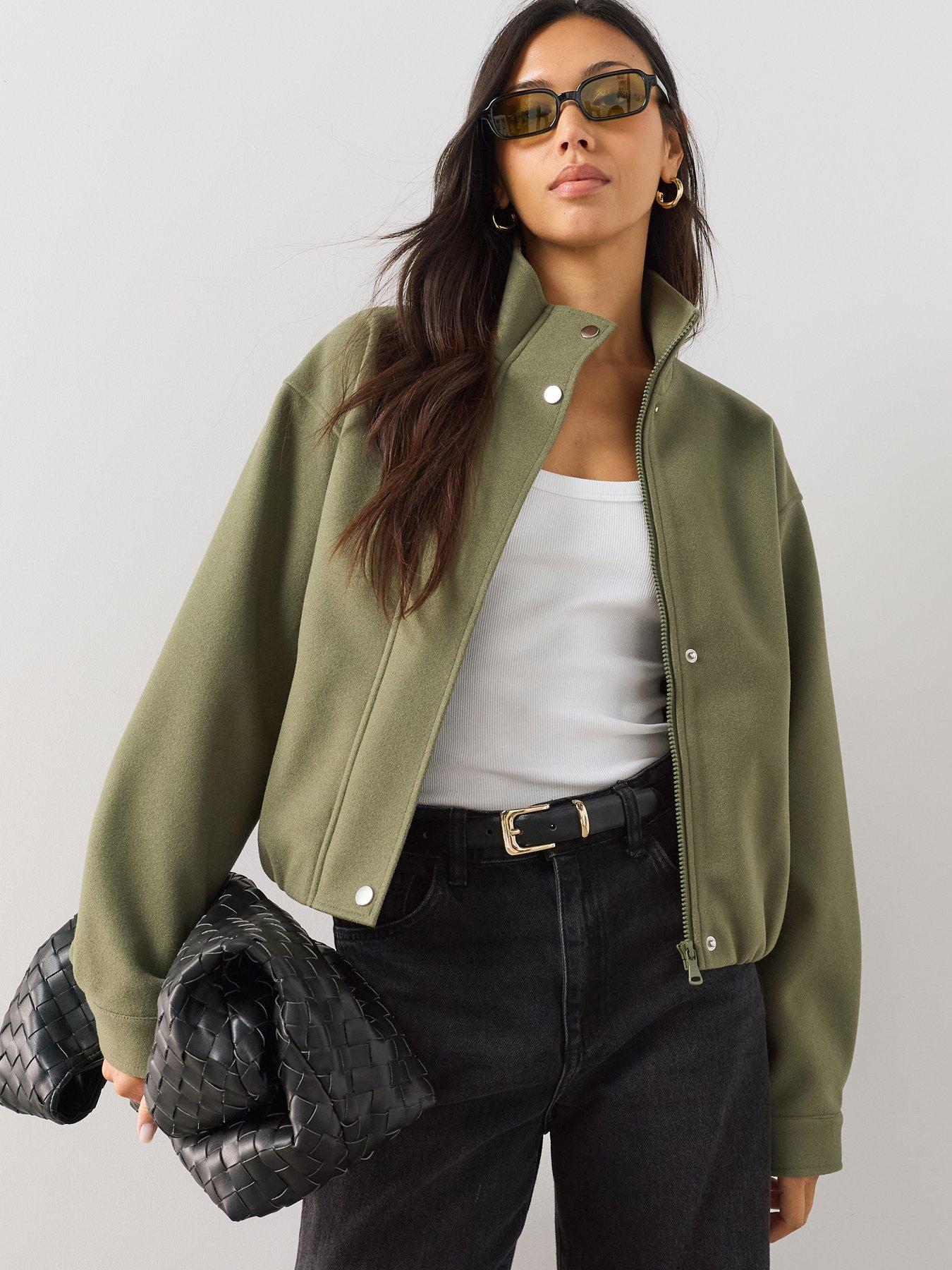 The Very Collection Faux Wool Funnel Neck Bomber - Green