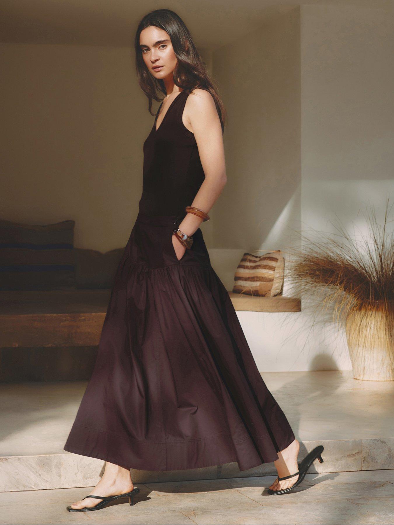 Albaray Cotton Sateen Full Skirt - Brown