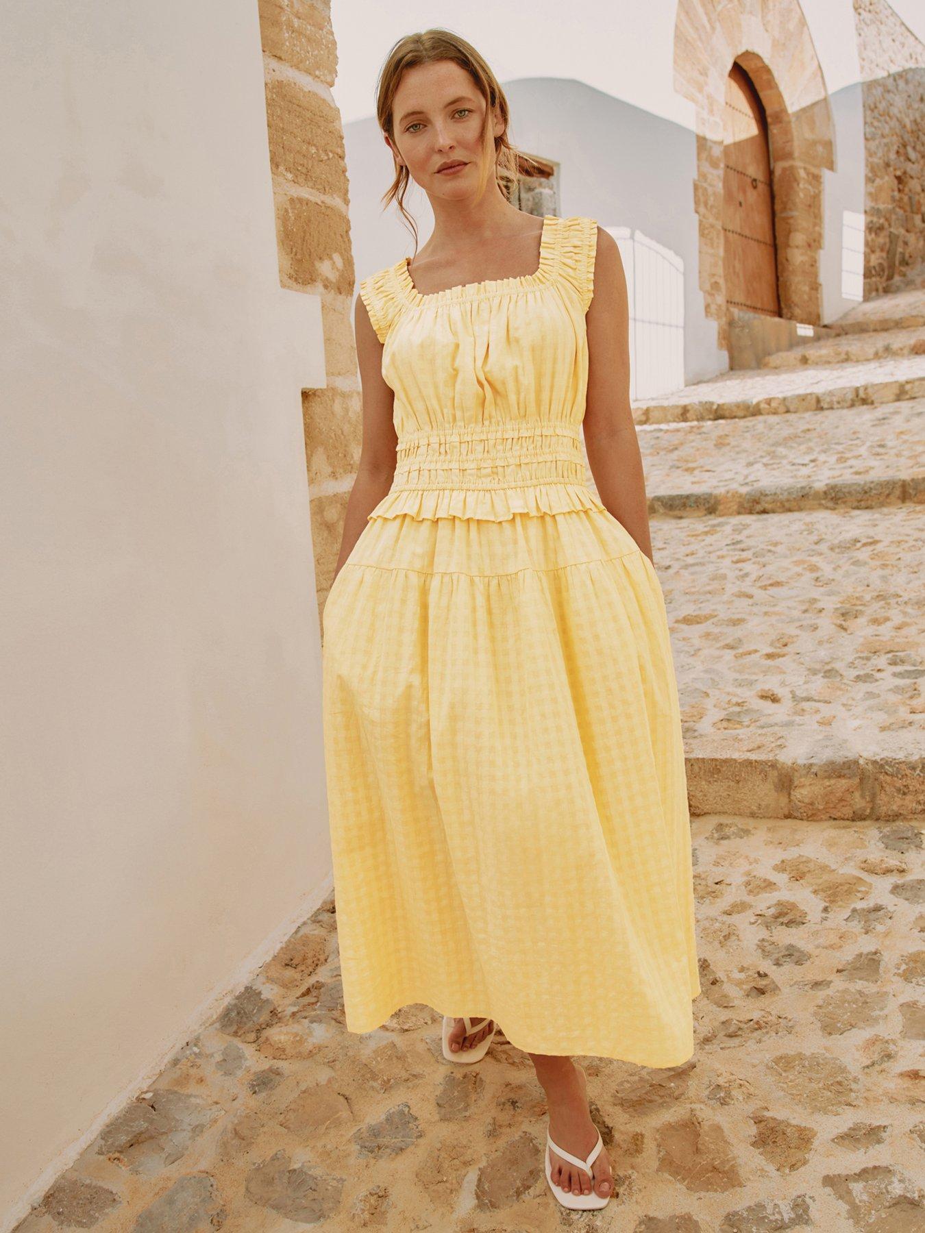 Albaray Seersucker Gingham Square Neck Dress - Yellow
